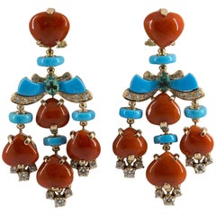 1.85 Carat White Diamond Emerald Red Coral Turquoise Yellow Gold Drop Earrings