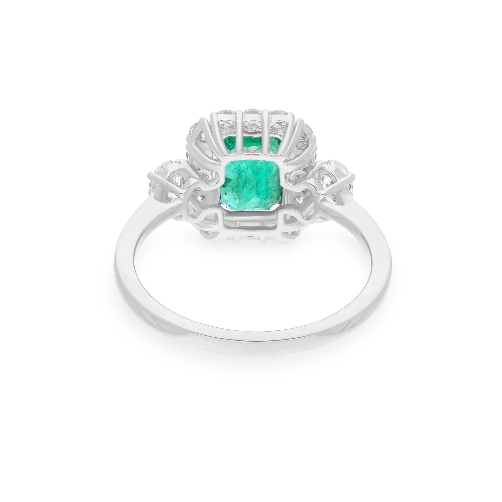 Emerald Cut 1.85 Carat Zambian Emerald Cocktail Ring 0.81 Carat SI/H Diamond 14k White Gold For Sale