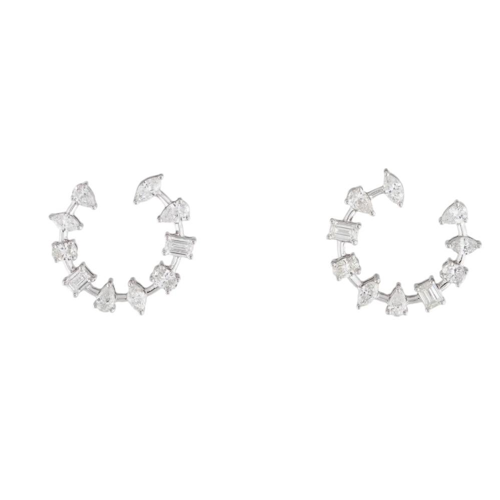Brilliant Cut 1.85 Carats Fancy Cut Diamonds Hoop Earrings in 14k Gold For Sale
