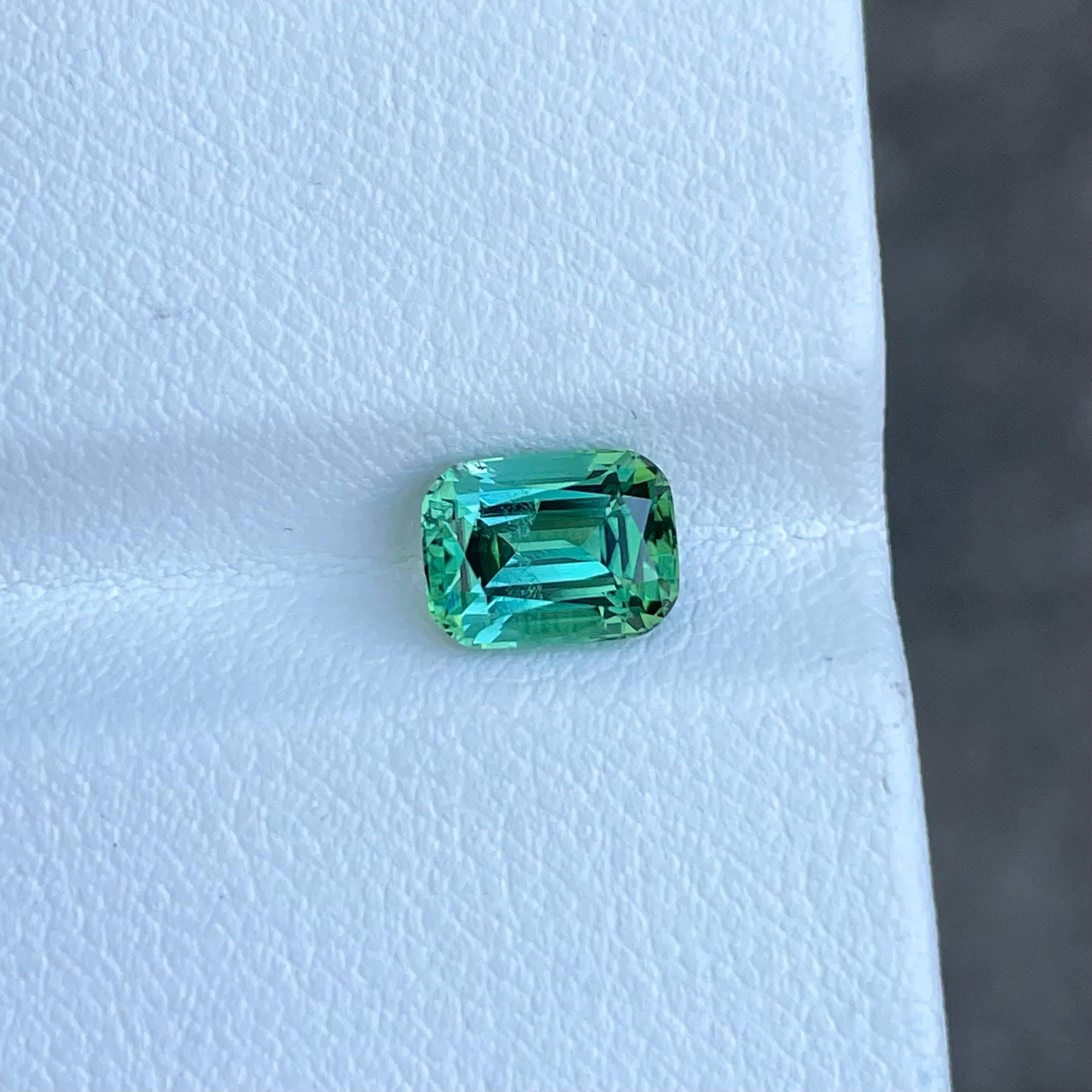 Weight 1.85 carats 
Dimensions 7.9x6.0x5.0 mm
Treatment none 
Origin Afghanistan 
Clarity VVS
Shape cushion 
Cut fancy cushion 





Behold the exquisite allure of a 1.85-carat Mint Green Tourmaline, skillfully fashioned into a Fancy Cushion Cut,