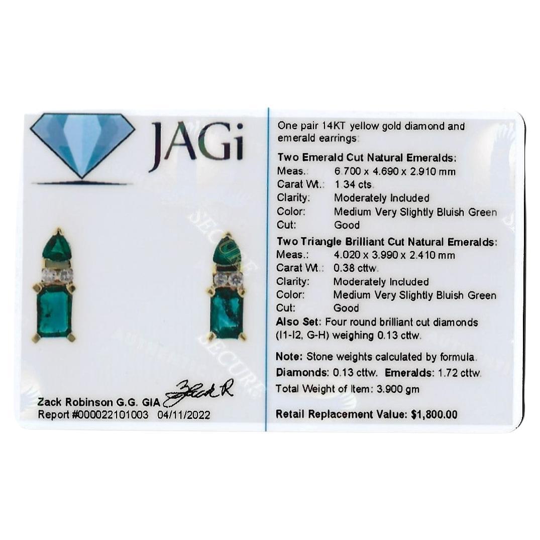 1.85 Carats Total Emerald Cut Emerald and Diamond Stud Earrings in Yellow Gold 6