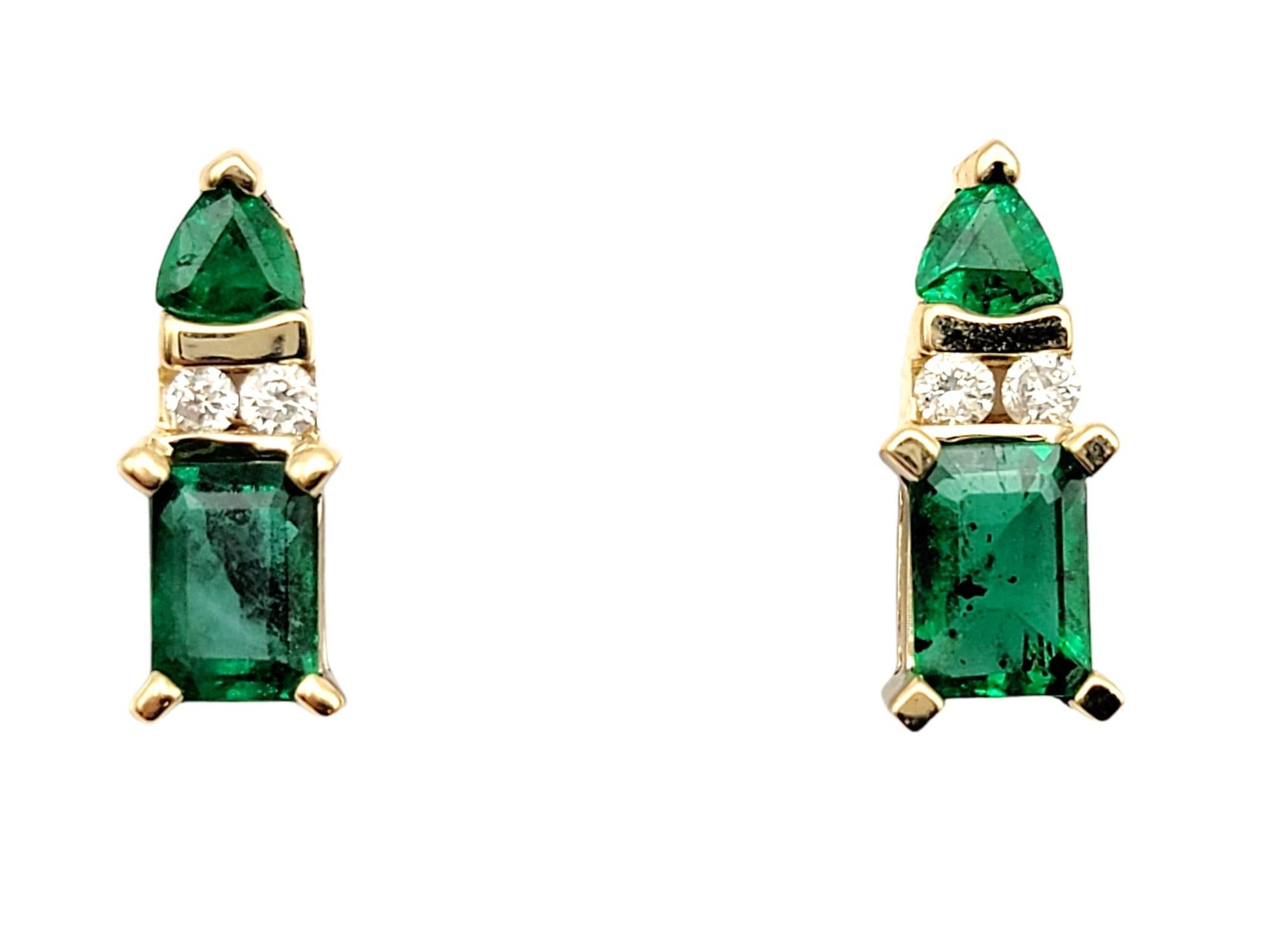 Contemporary 1.85 Carats Total Emerald Cut Emerald and Diamond Stud Earrings in Yellow Gold