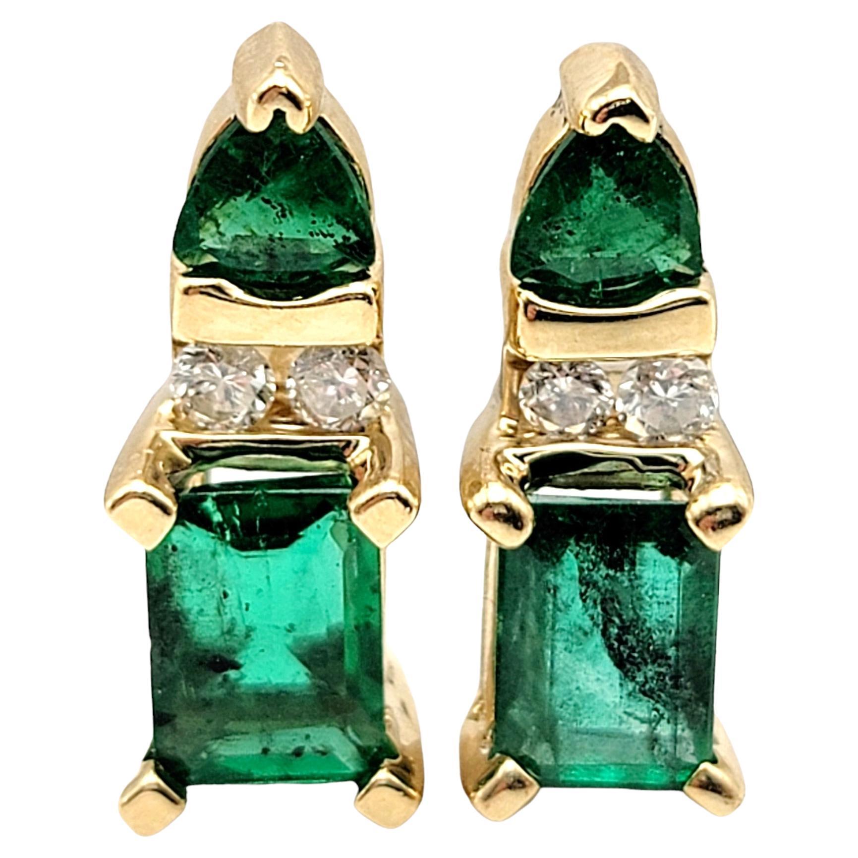 1.85 Carats Total Emerald Cut Emerald and Diamond Stud Earrings in Yellow Gold