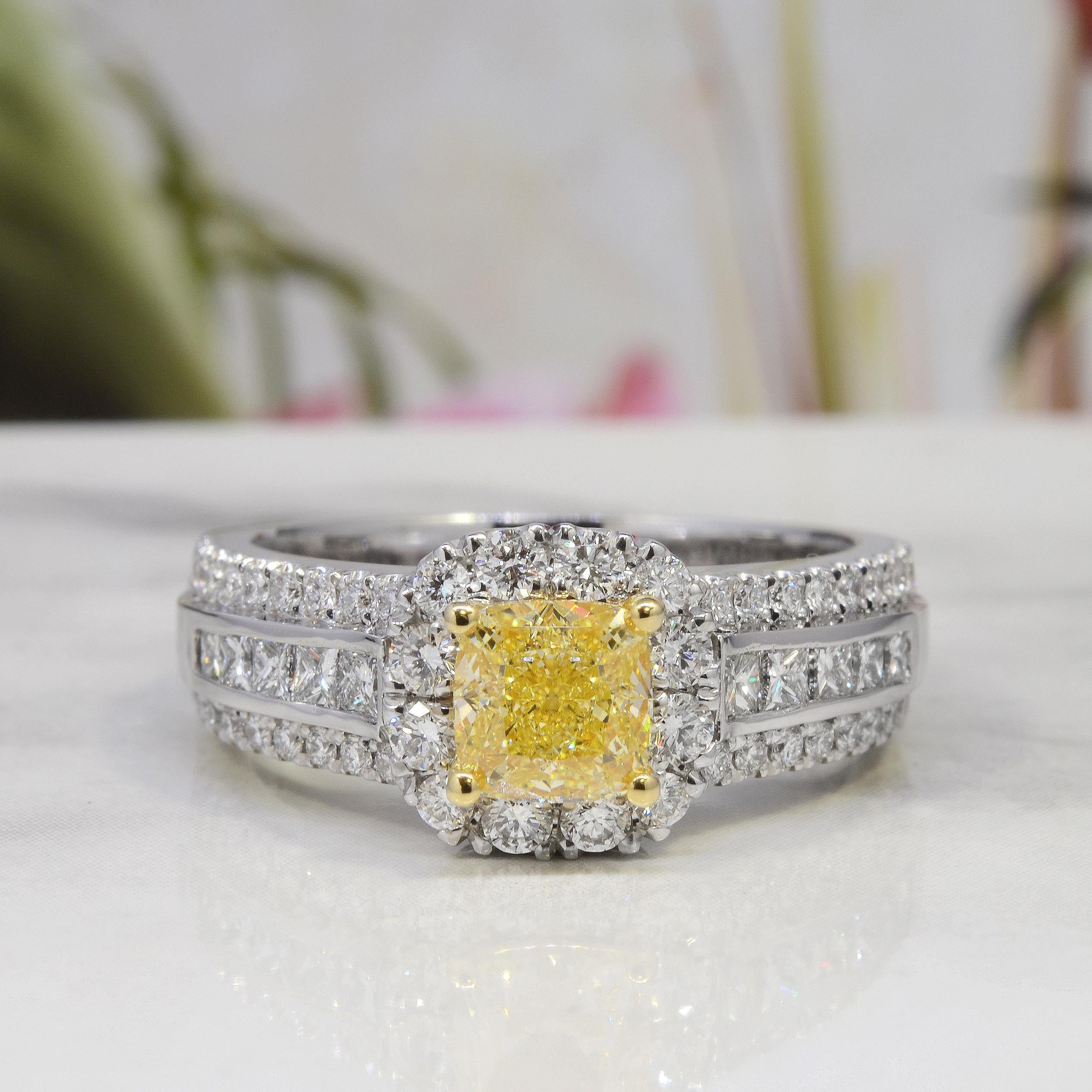 Women's or Men's 1.85 Ct. Canary Fancy Yellow Cushion Cut Diamond Ring VS2 GIA Certified For Sale