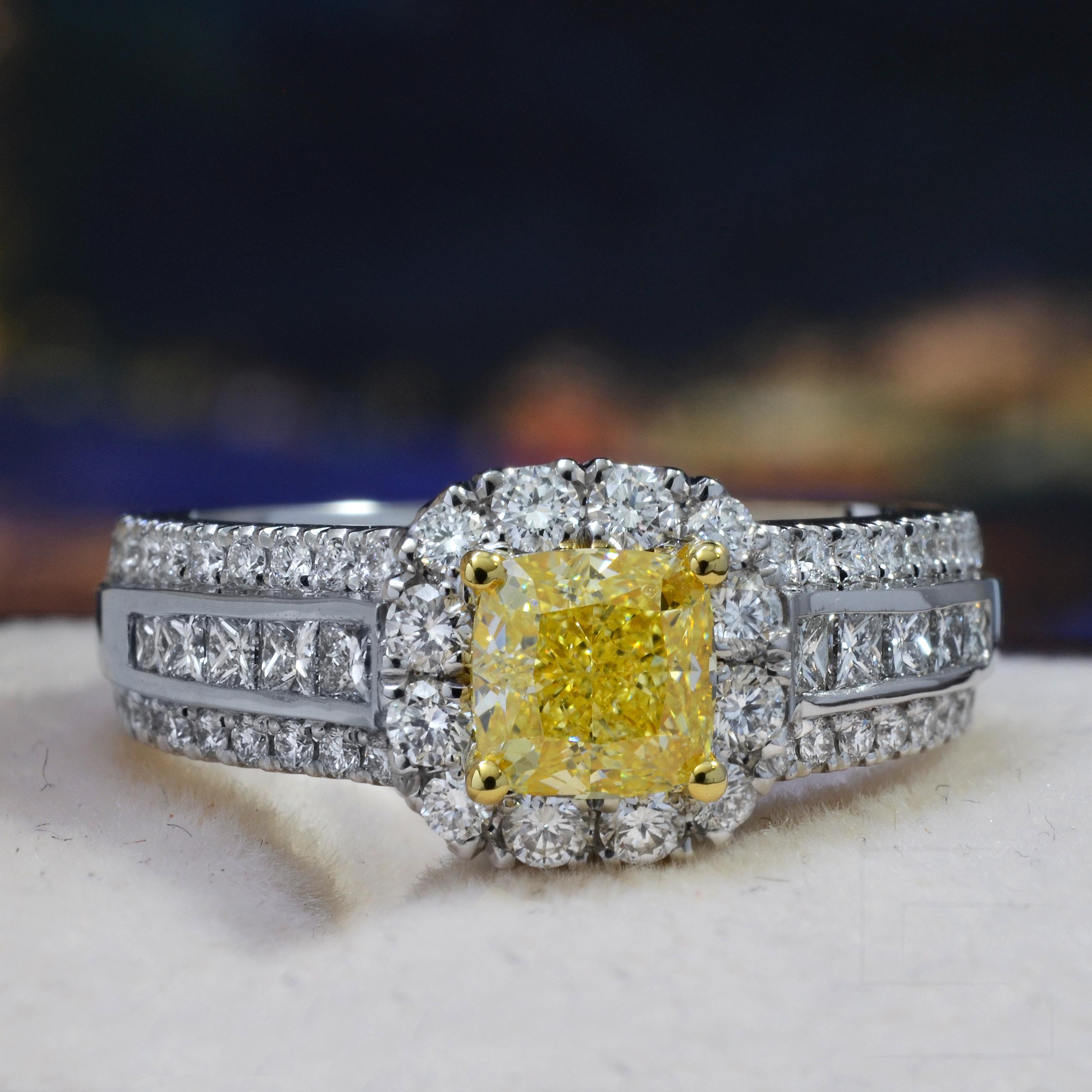1.85 Ct. Canary Fancy Yellow Cushion Cut Diamond Ring VS2 GIA Certified For Sale 1