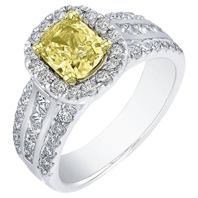 1.85 Ct. Canary Fancy Yellow Cushion Cut Diamond Ring VS2 GIA Certified For Sale
