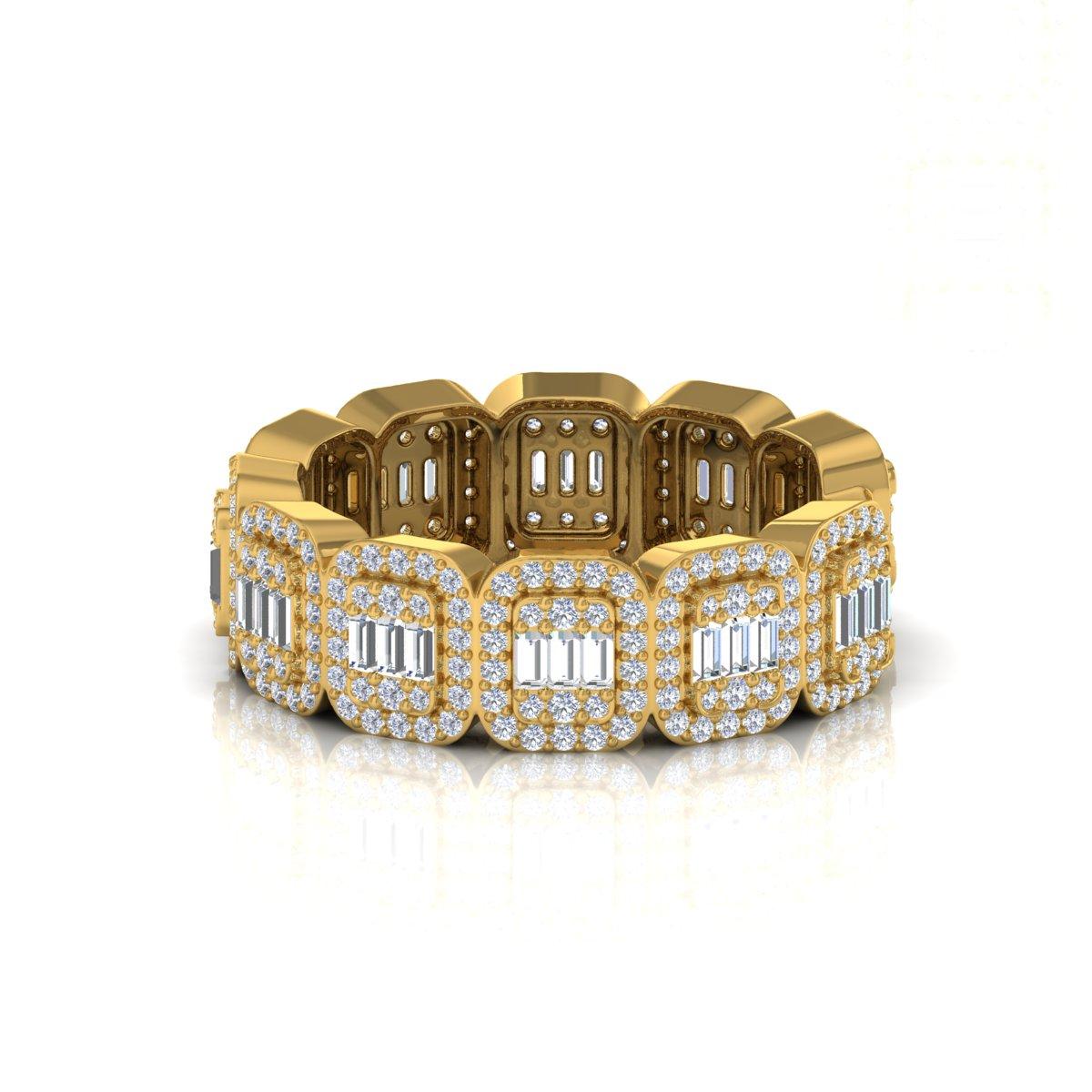 Modern 1.85 Ct Round Baguette Diamond Band Ring 18 Karat Yellow Gold Handmade Jewelry For Sale