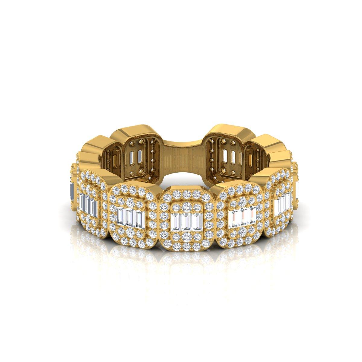 Women's 1.85 Ct Round Baguette Diamond Band Ring 18 Karat Yellow Gold Handmade Jewelry For Sale