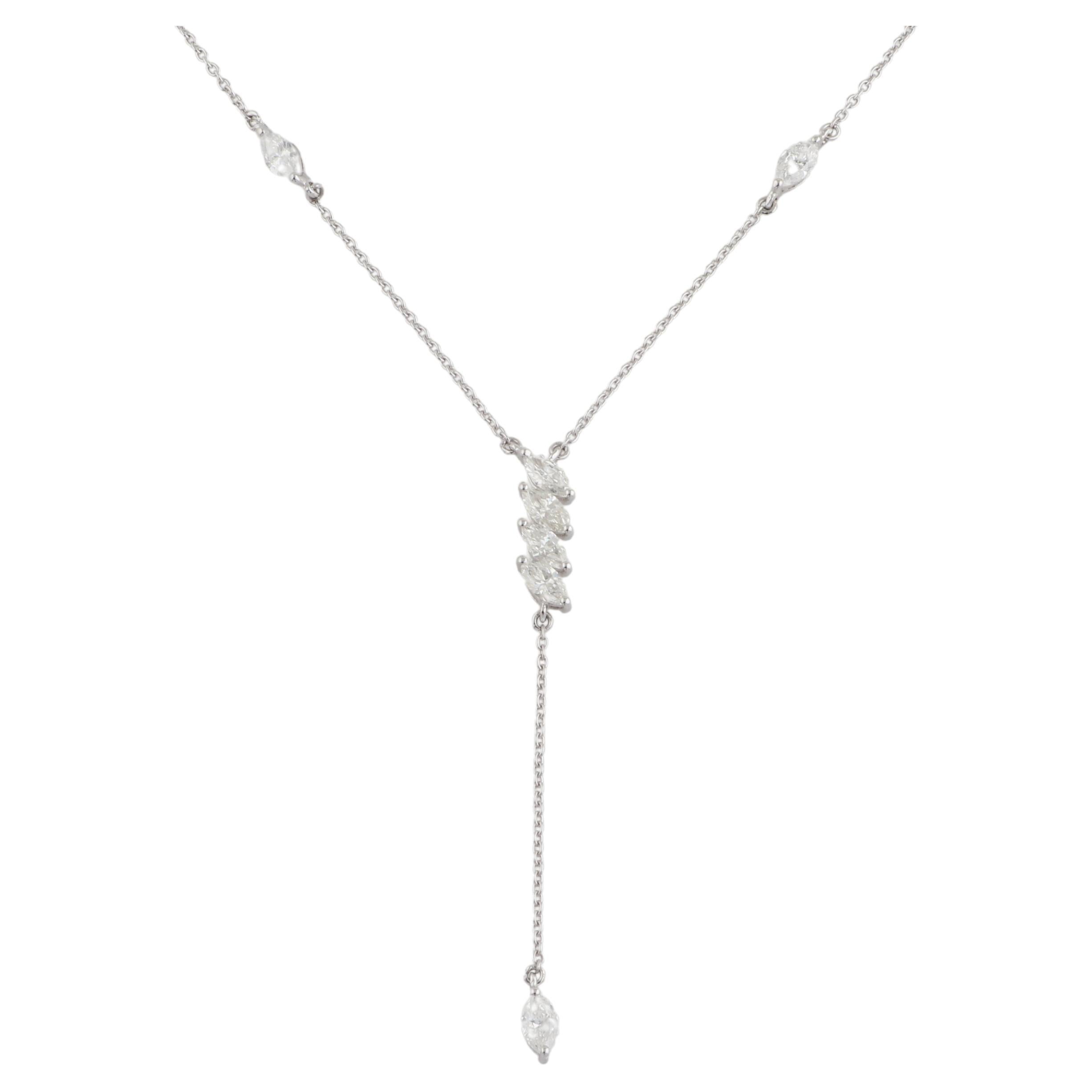 This Marquise Diamond Lariat Necklace is a versatile piece that can be worn for various occasions, adding a touch of glamour and sophistication to any ensemble. Whether dressed up for a formal event or paired with a casual outfit, this necklace is