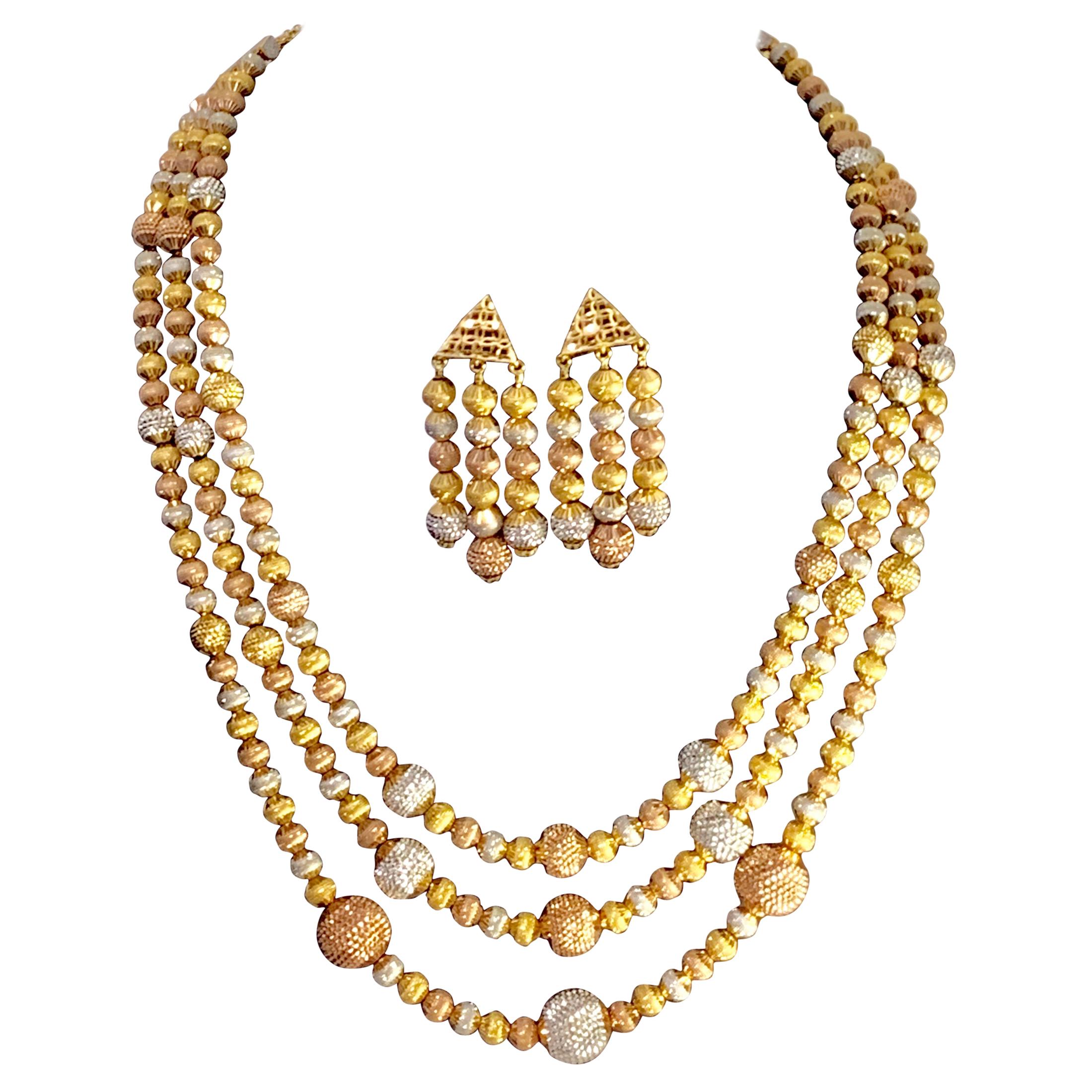185 Gm 22 Karat Tricolor Gold Necklace & Earring Suite Bridal Princess Necklace