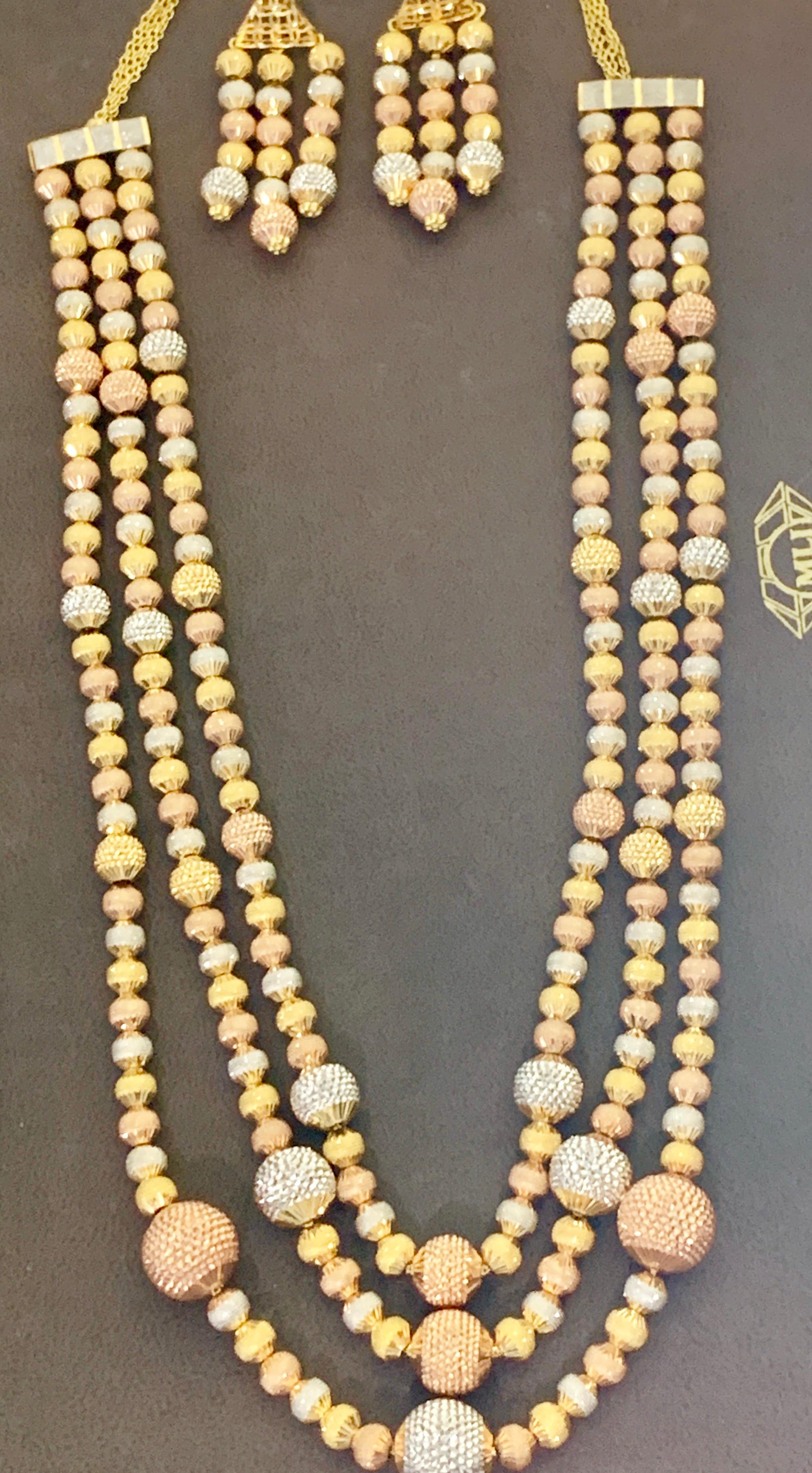 Women's 185 Gm 22 Karat Tricolor Gold Necklace & Earring Suite Bridal Princess Necklace