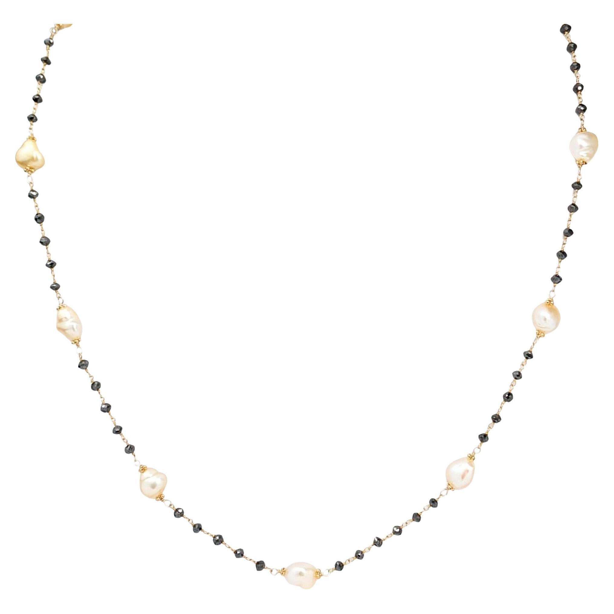 18.5" Natural Black Diamond and Keshi Pearl (10.00ct) Necklace in 14KY Gold For Sale