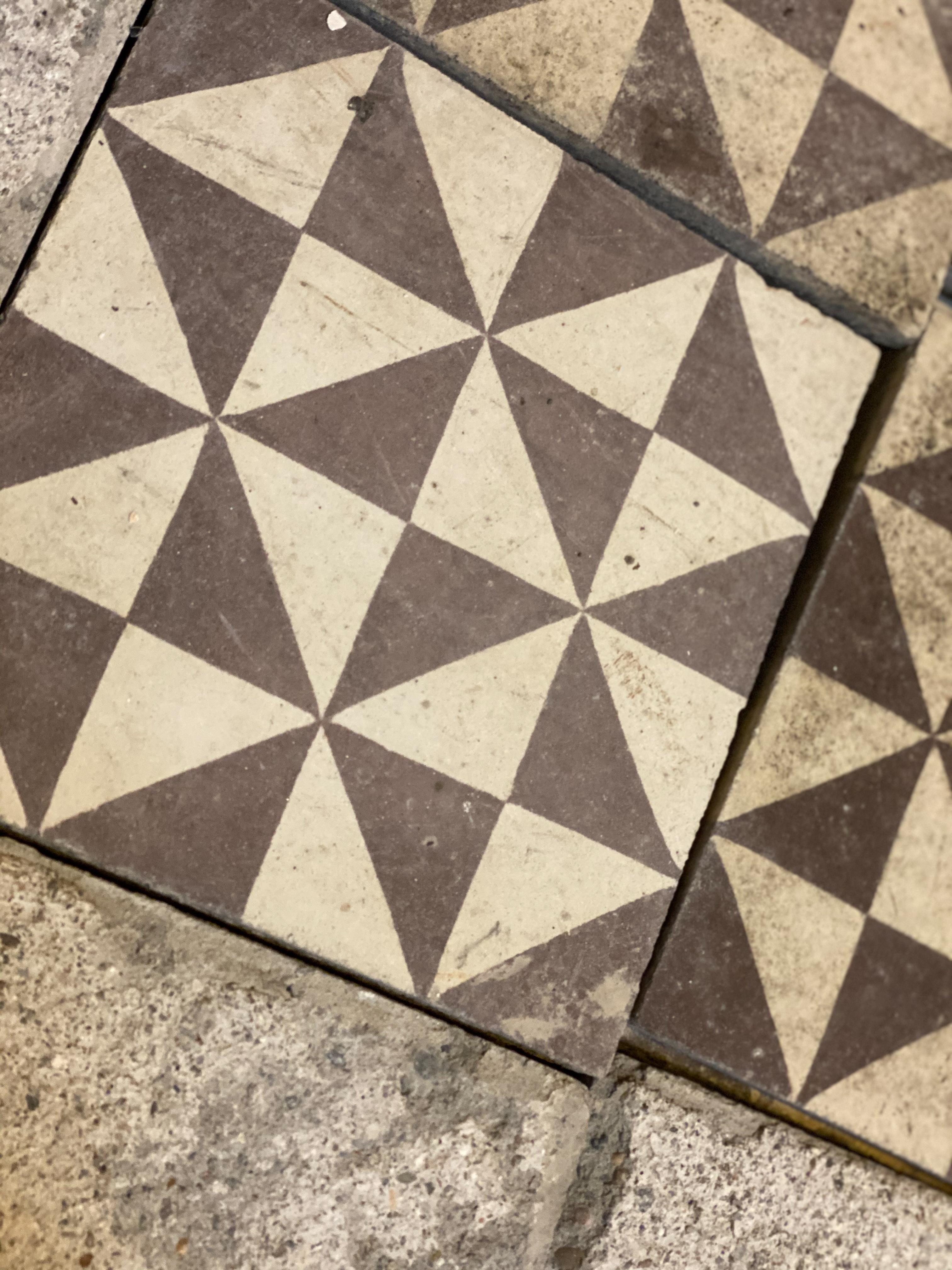 This small lot of geometric tiles is perfect for a backsplash or shower. Originating from Spain, circa 1900.

We have 185 square feet. 

Each tile: 8