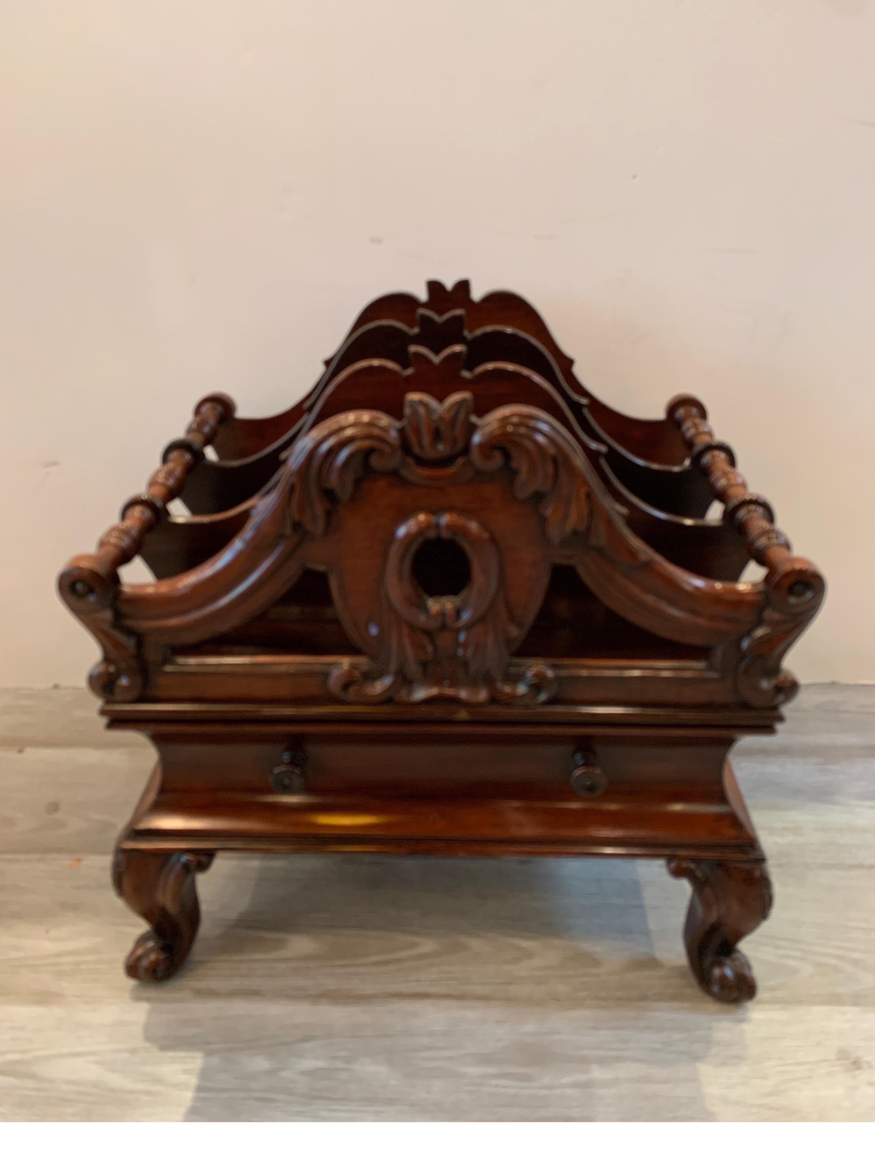 Very good early Victorian solid rosewood three section Canterbury with drawer, nicely carved and beautifully designed, circa 1850-1860. Very good condition from a private estate.
Dimensions: 27.5