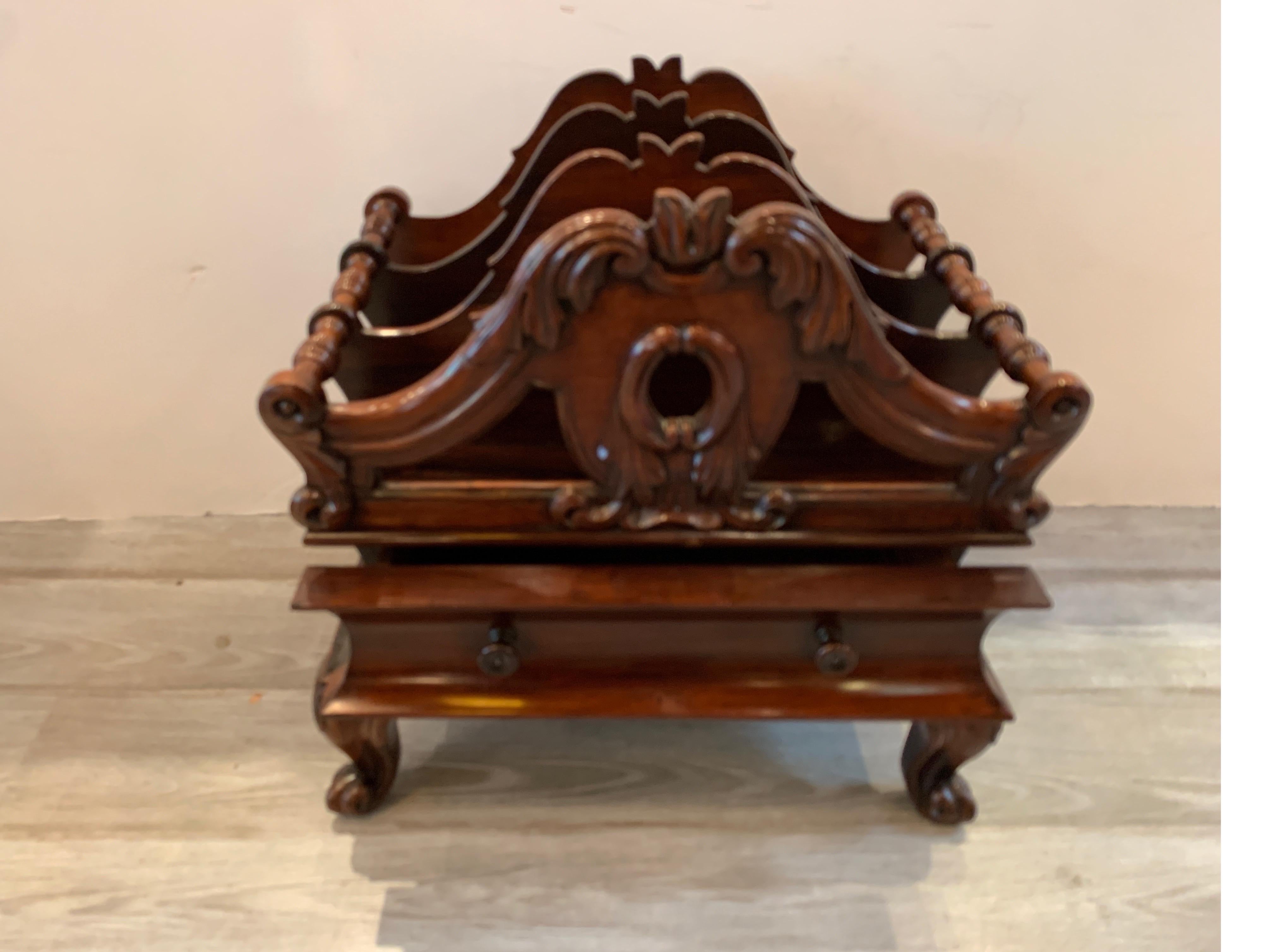 Early Victorian 1850s-1860s Victorian Solid Rosewood Three Section Canterbury with Drawer For Sale