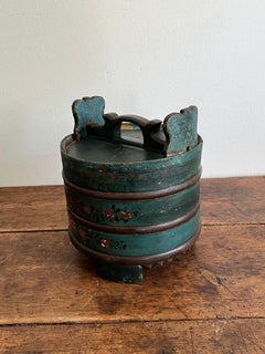 1850-1870 Caja de púas / Cubo de mantequilla de madera curvada noruega pintada a mano - Rosemaling