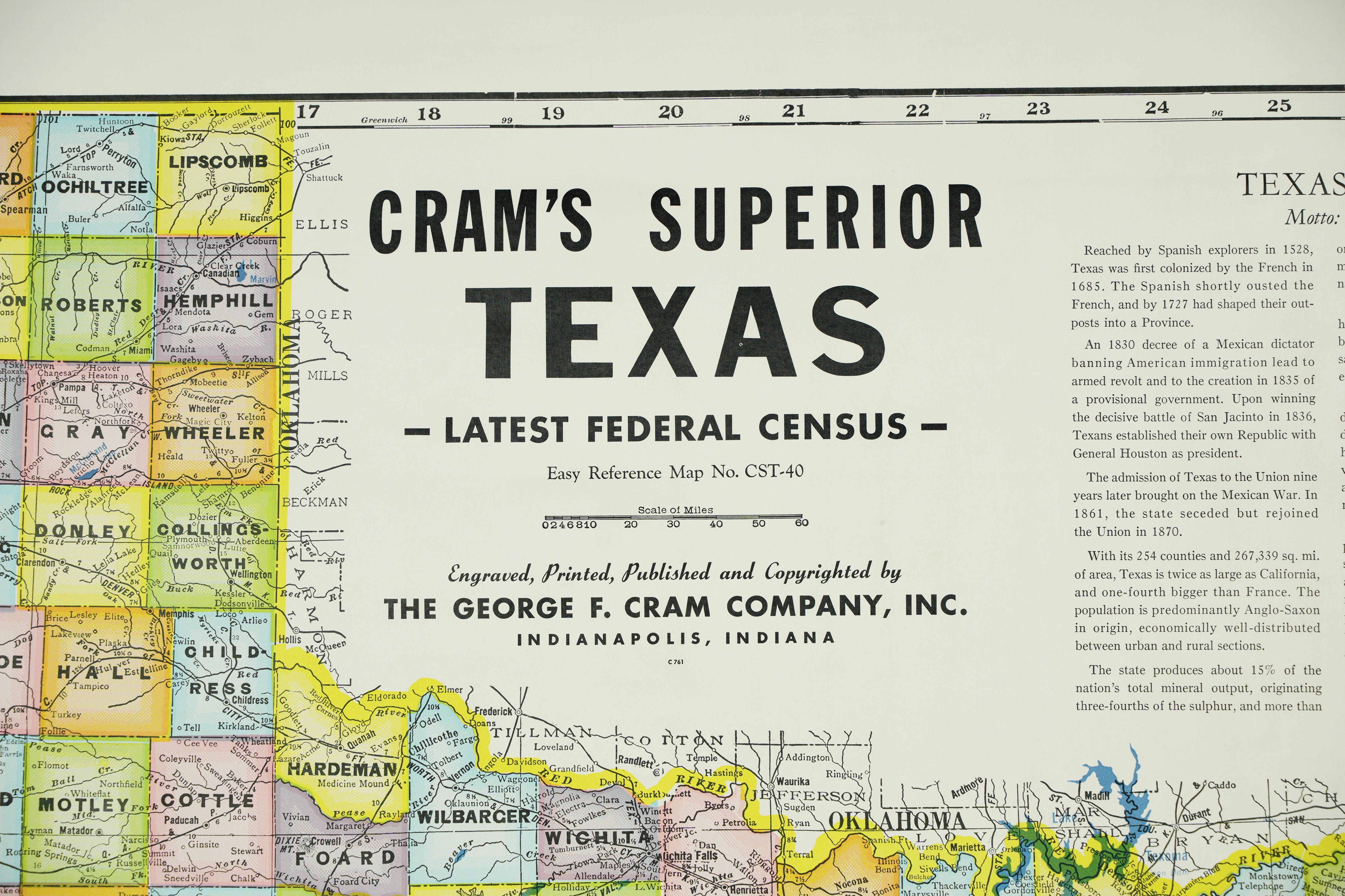 Die Cram's Superior Latest Federal Census Texas Map 1850-1960, die aus Kiefernholz, Stahl und Segeltuch gefertigt wurde, ist ein wertvolles historisches kartografisches Werk. Die von The George F. Cram Company, Inc. unter der Kartennummer CST-40