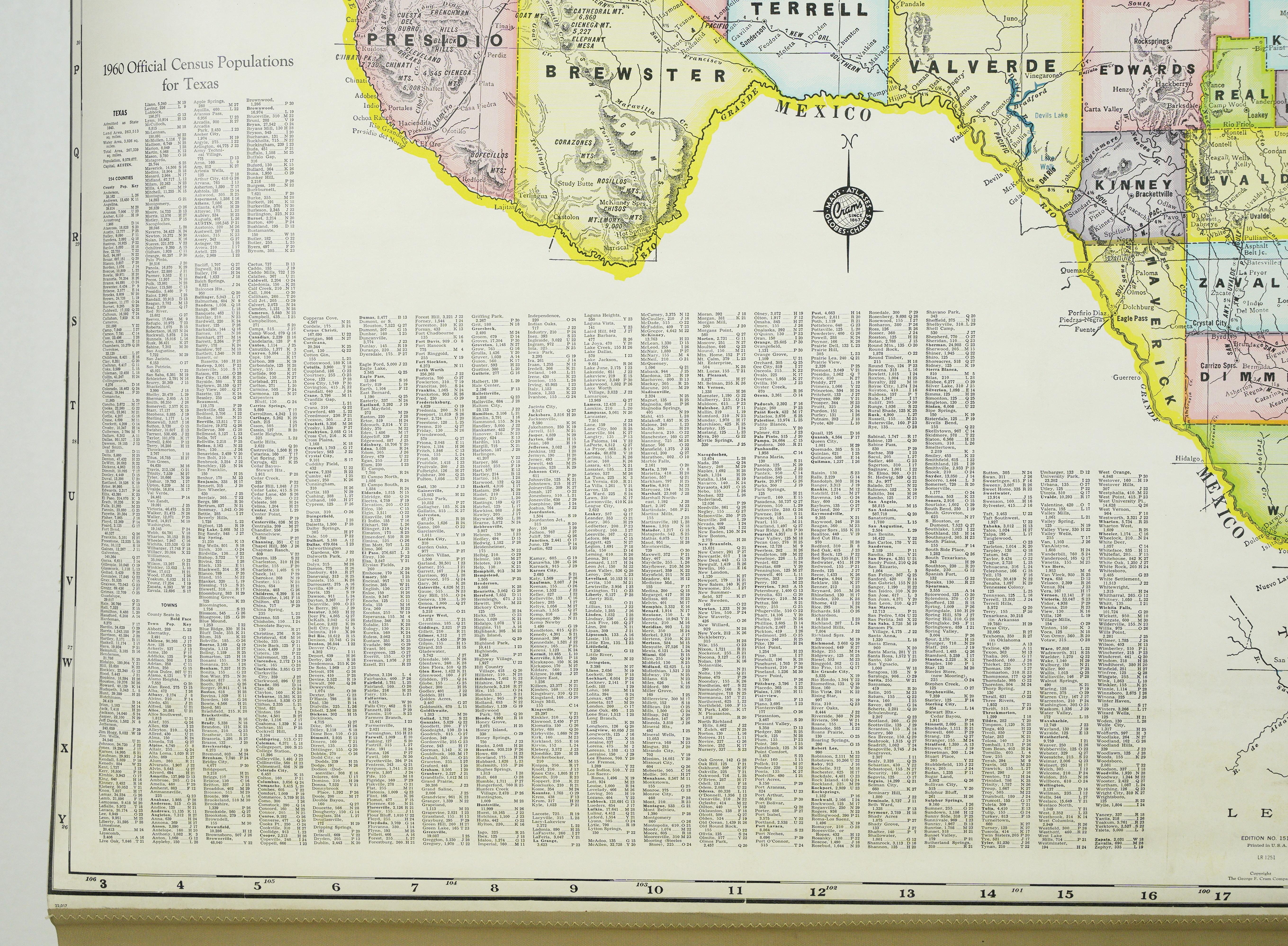 1850-1960 Cram's Superior Latest Federal Census Texas Karte, Texas (Leinwand) im Angebot