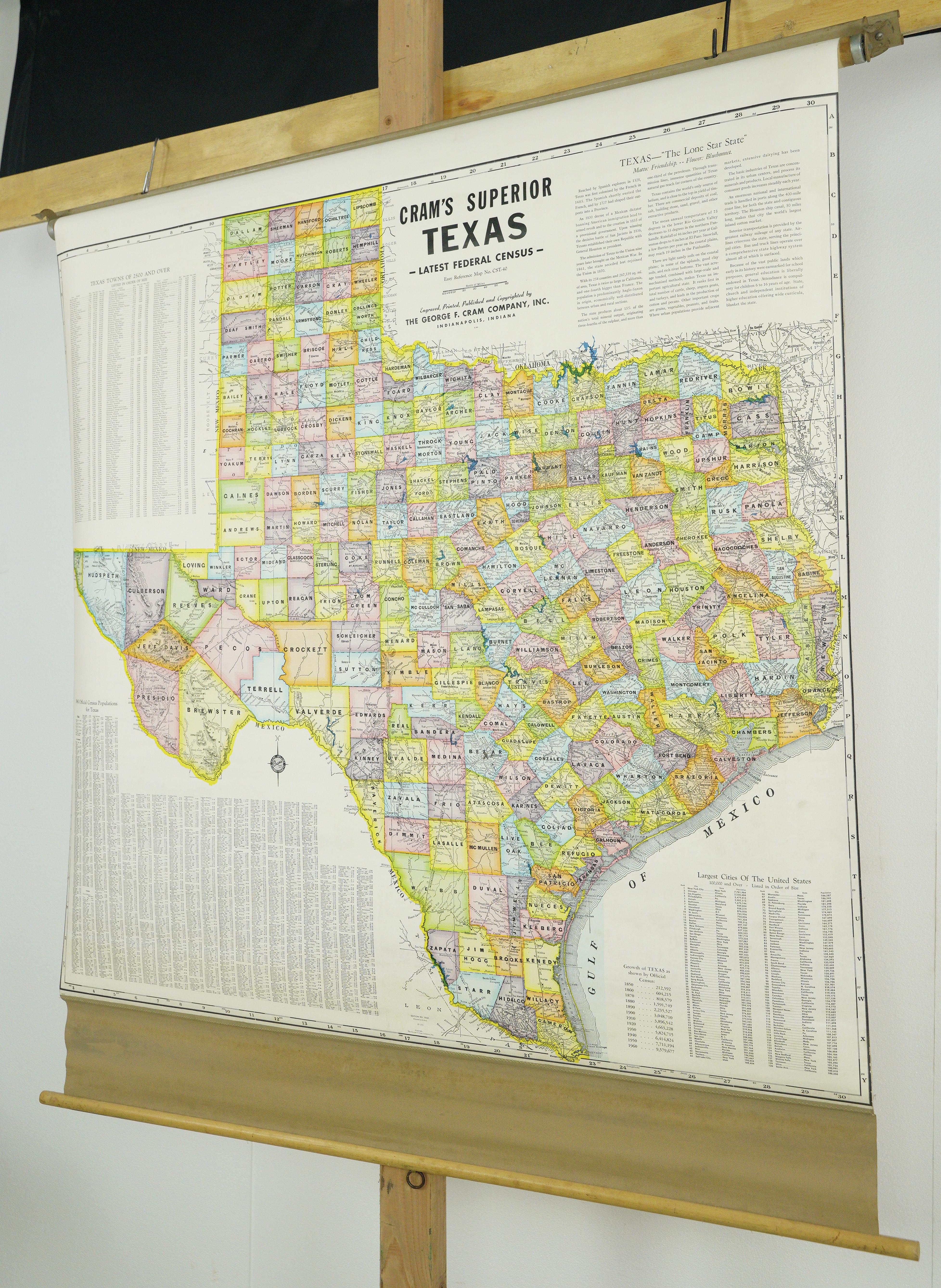 1850-1960 Cram's Superior Latest Federal Census Texas Karte, Texas im Angebot 2