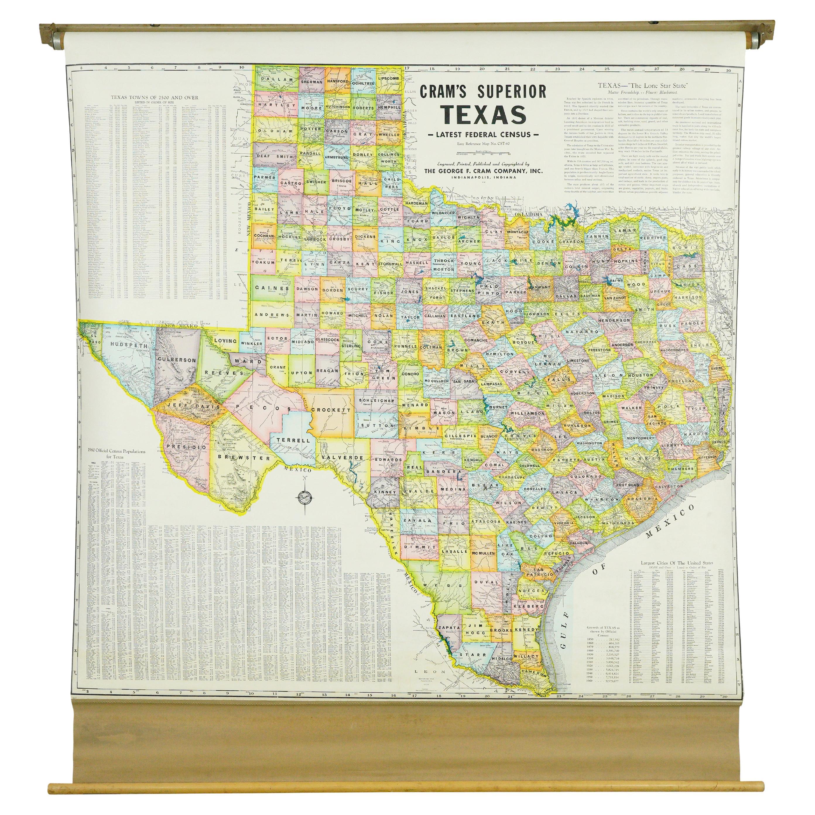 1850-1960 Cram's Superior Latest Federal Census Texas Map