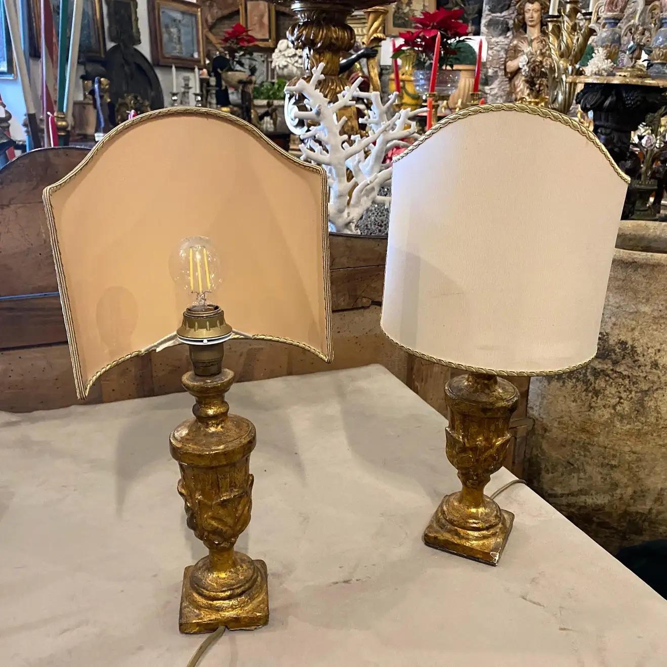 Italian 1850 a Pair of Gilded Wood Sicilian Bed Lamps