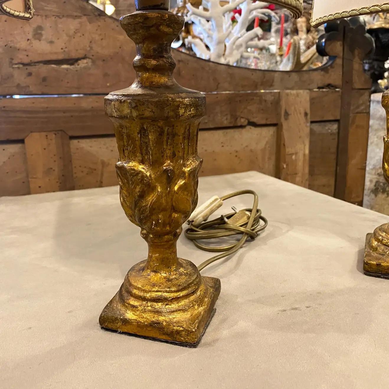 Hand-Carved 1850 a Pair of Gilded Wood Sicilian Bed Lamps