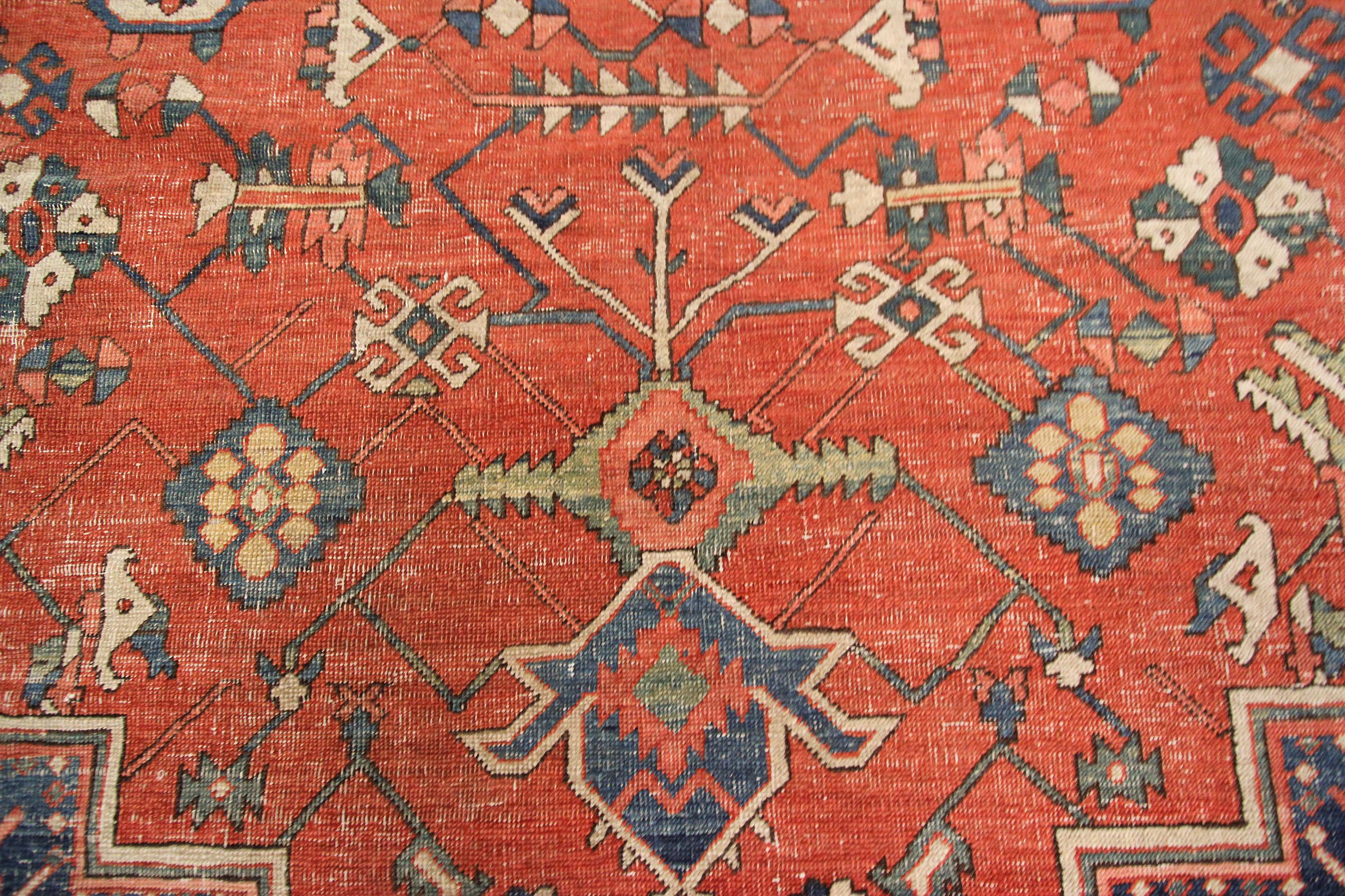 Wool 1850 Antique Bakhsayesh Heriz Serapi Rug Handmade Geometric Overall 305cmx396cm