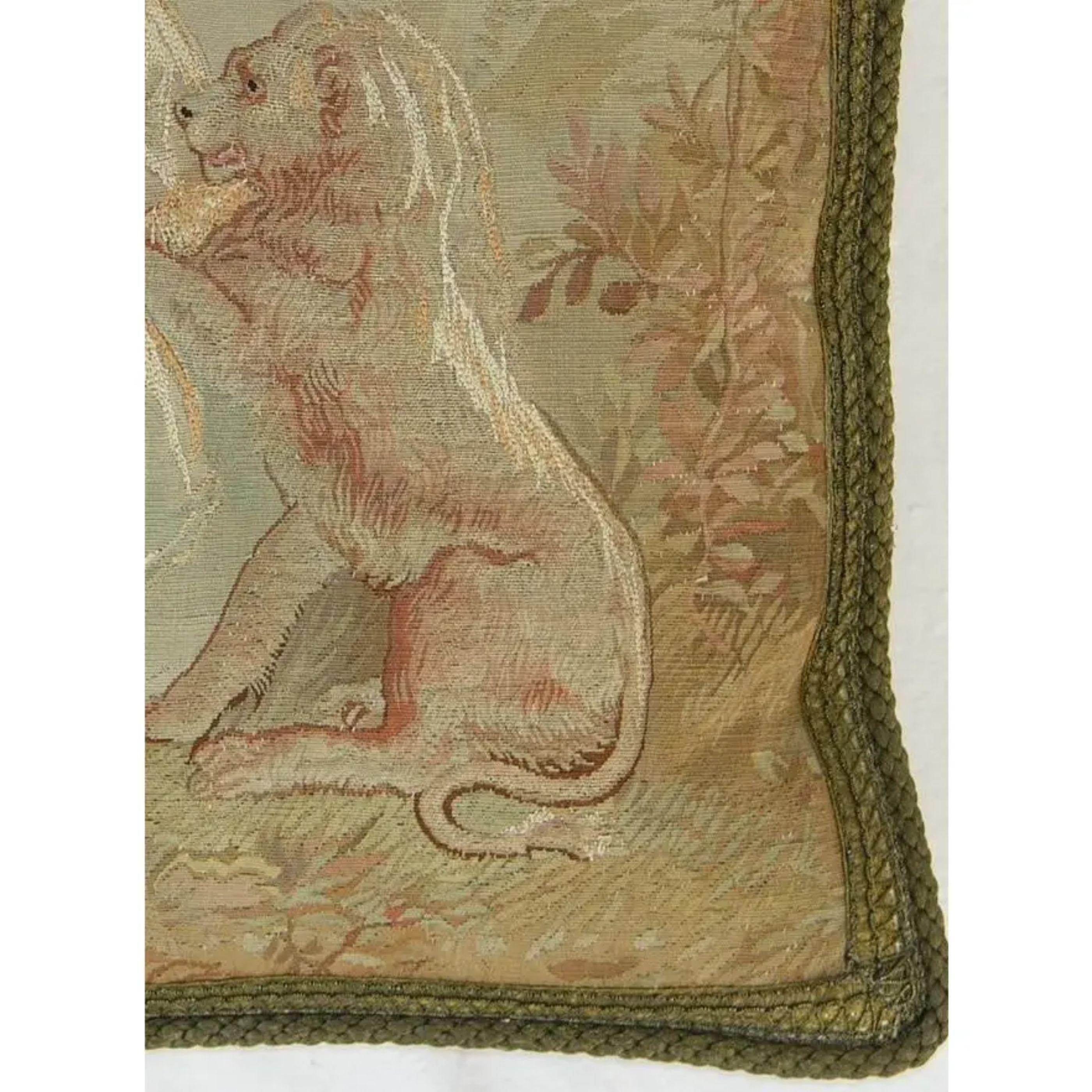 Mid-18th century antique French Aubusson tapestry pillow. 18'' x 20'' inches. Stylish and decorative, luxury, handmade, made out of wool. Lion with the lady design.

