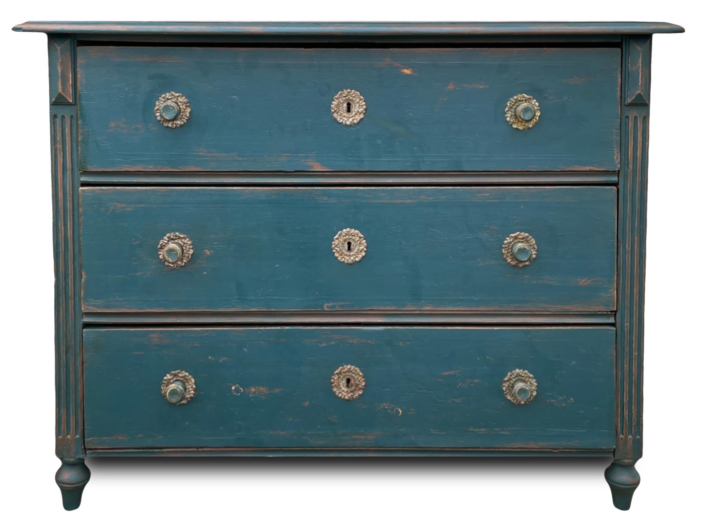 Fir 1850 Blue Painted Chest of Drawers, Central Europe