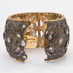 18.50 Carat Rose Cut White and Brown Diamond Silver Gold Cuff Bracelet