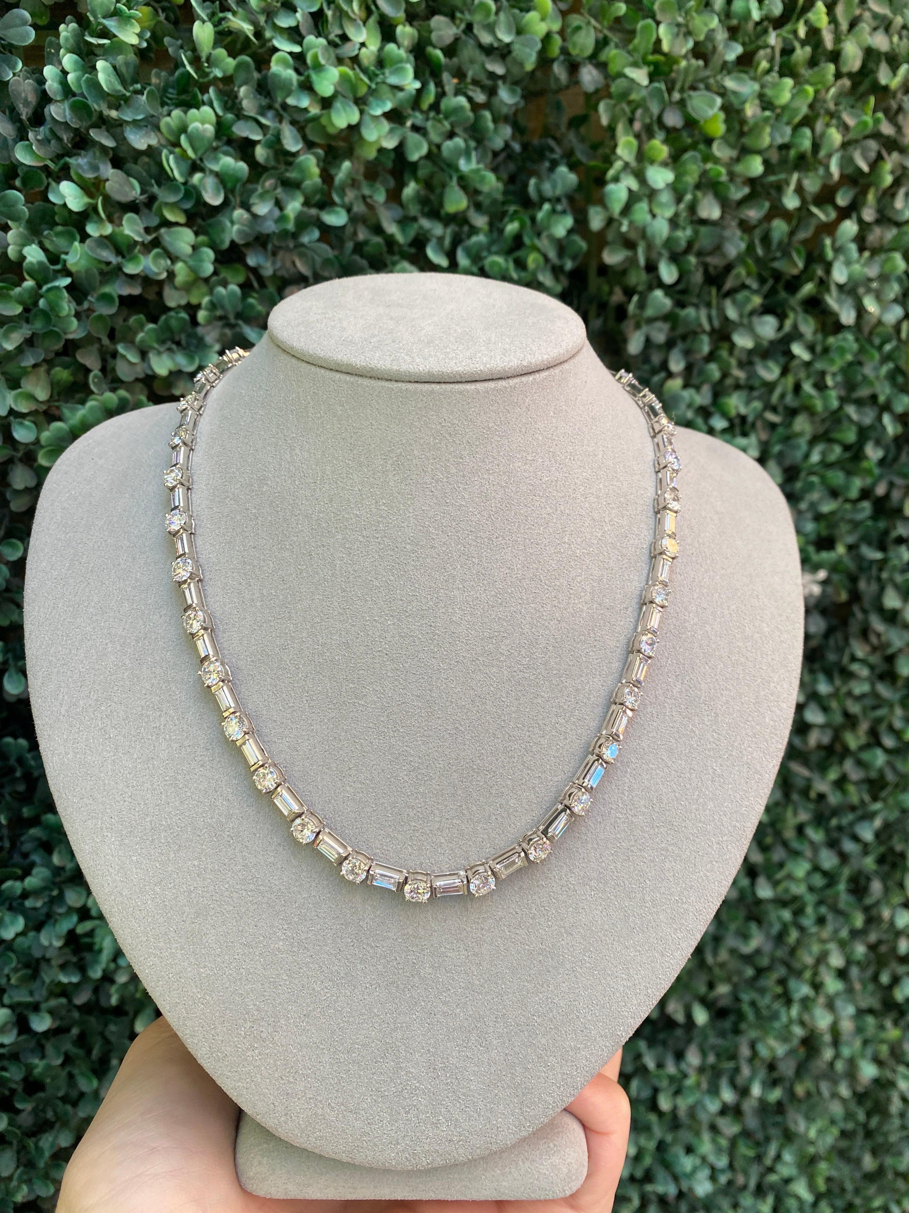 Women's or Men's 18.50 Carat Total Weight Natural Round and Baguette Diamond Tennis Necklace For Sale