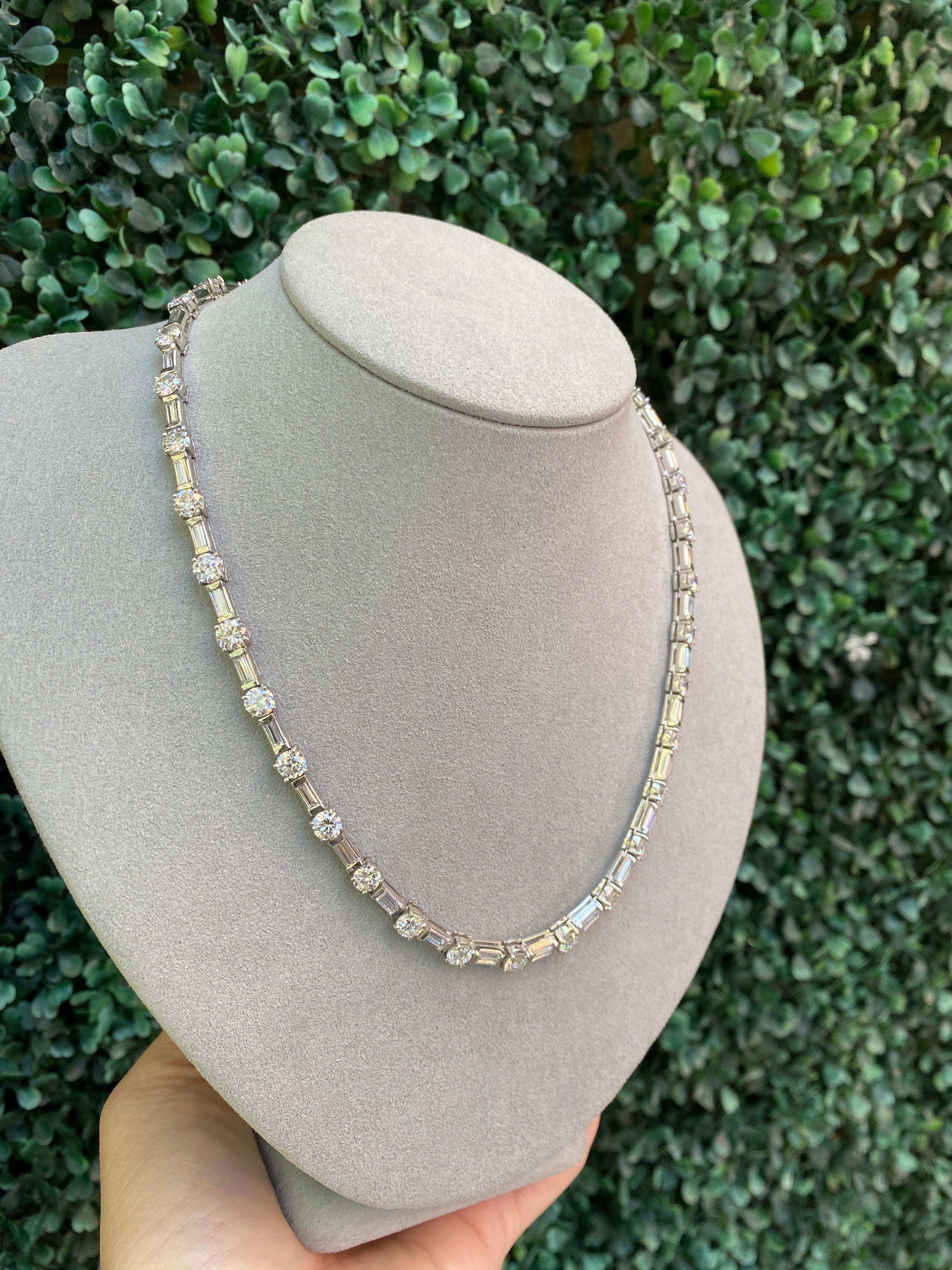 18.50 Carat Total Weight Natural Round and Baguette Diamond Tennis Necklace For Sale 1