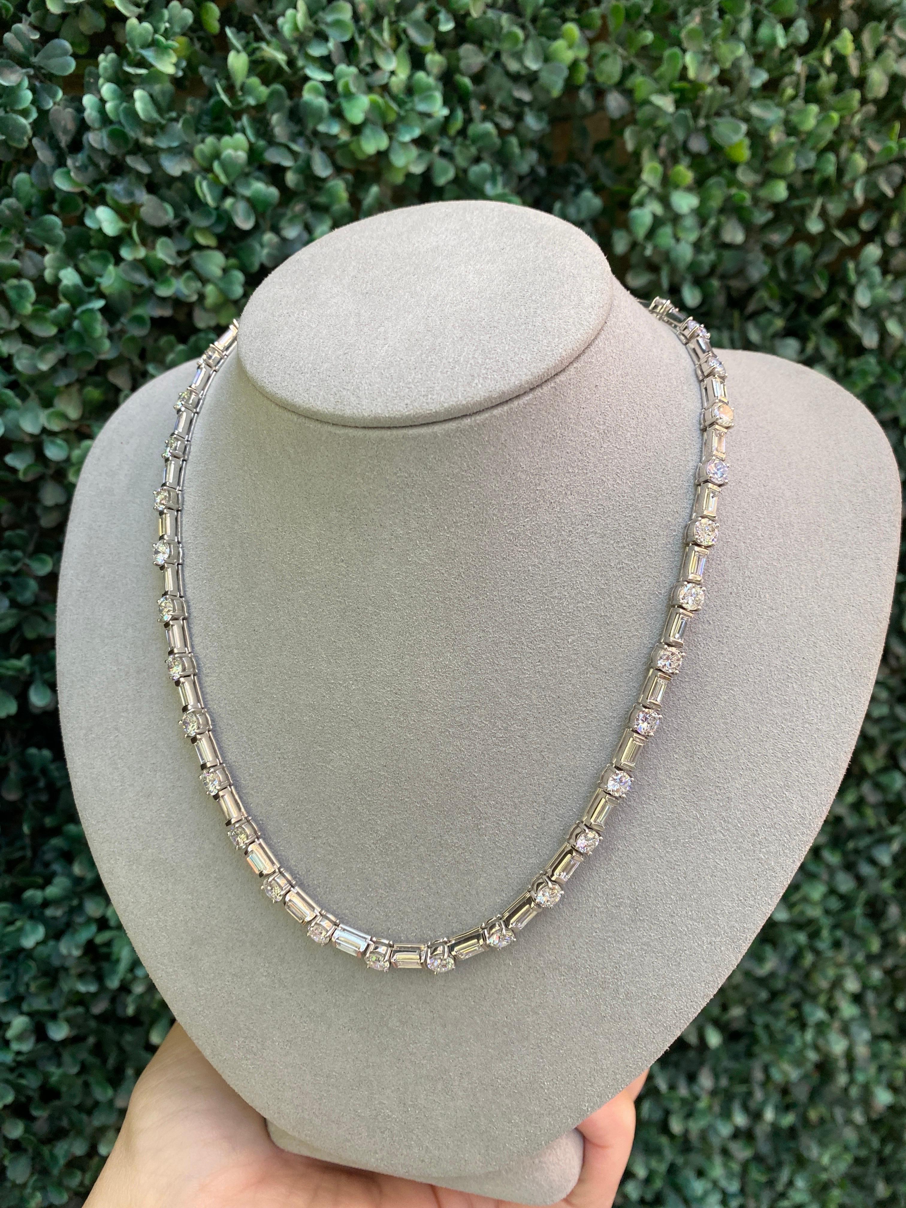 18.50 Carat Total Weight Natural Round and Baguette Diamond Tennis Necklace For Sale 2