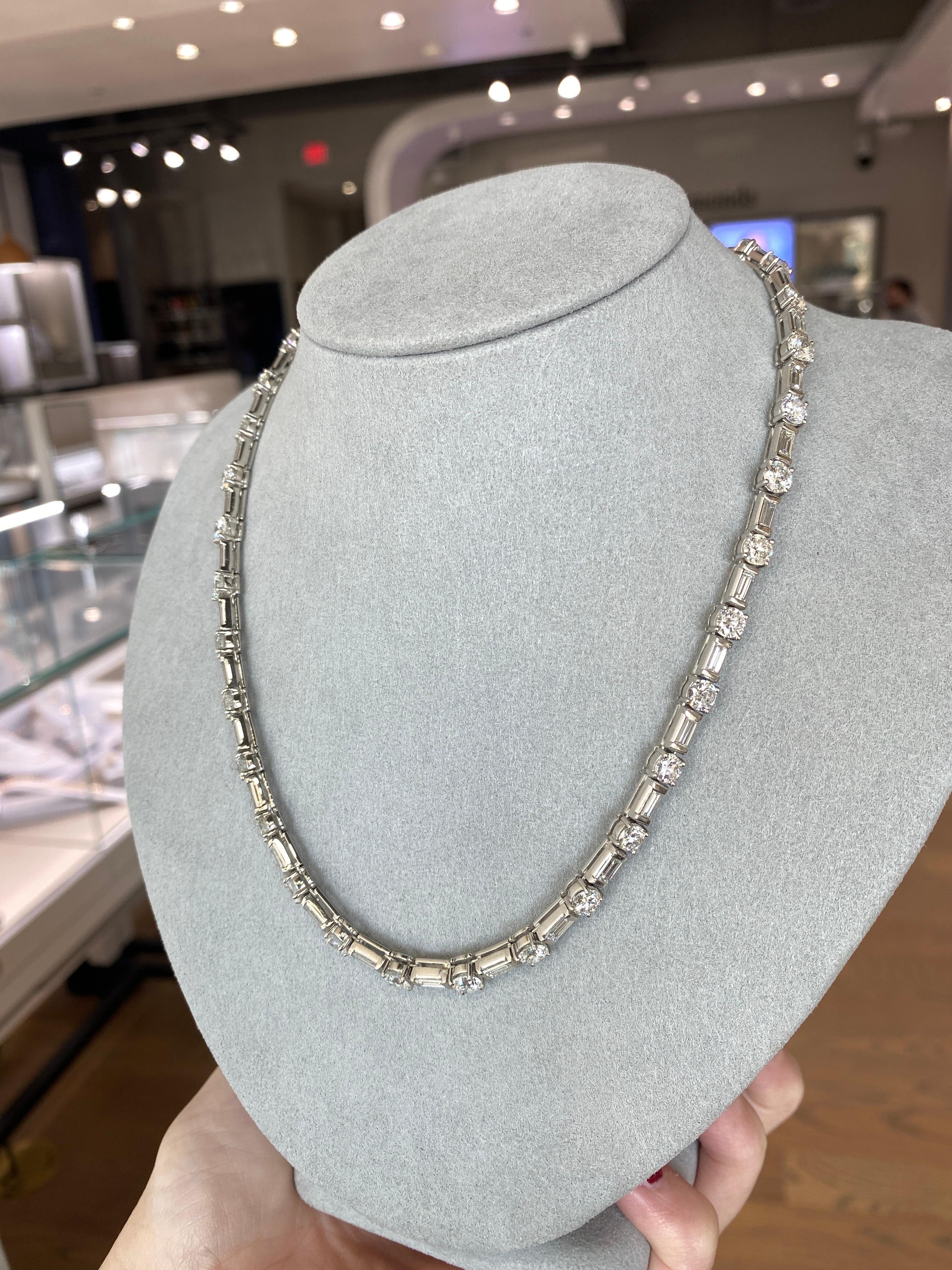 Baguette Cut 18.50 Carat Total Weight Natural Round and Baguette Diamond Tennis Necklace For Sale