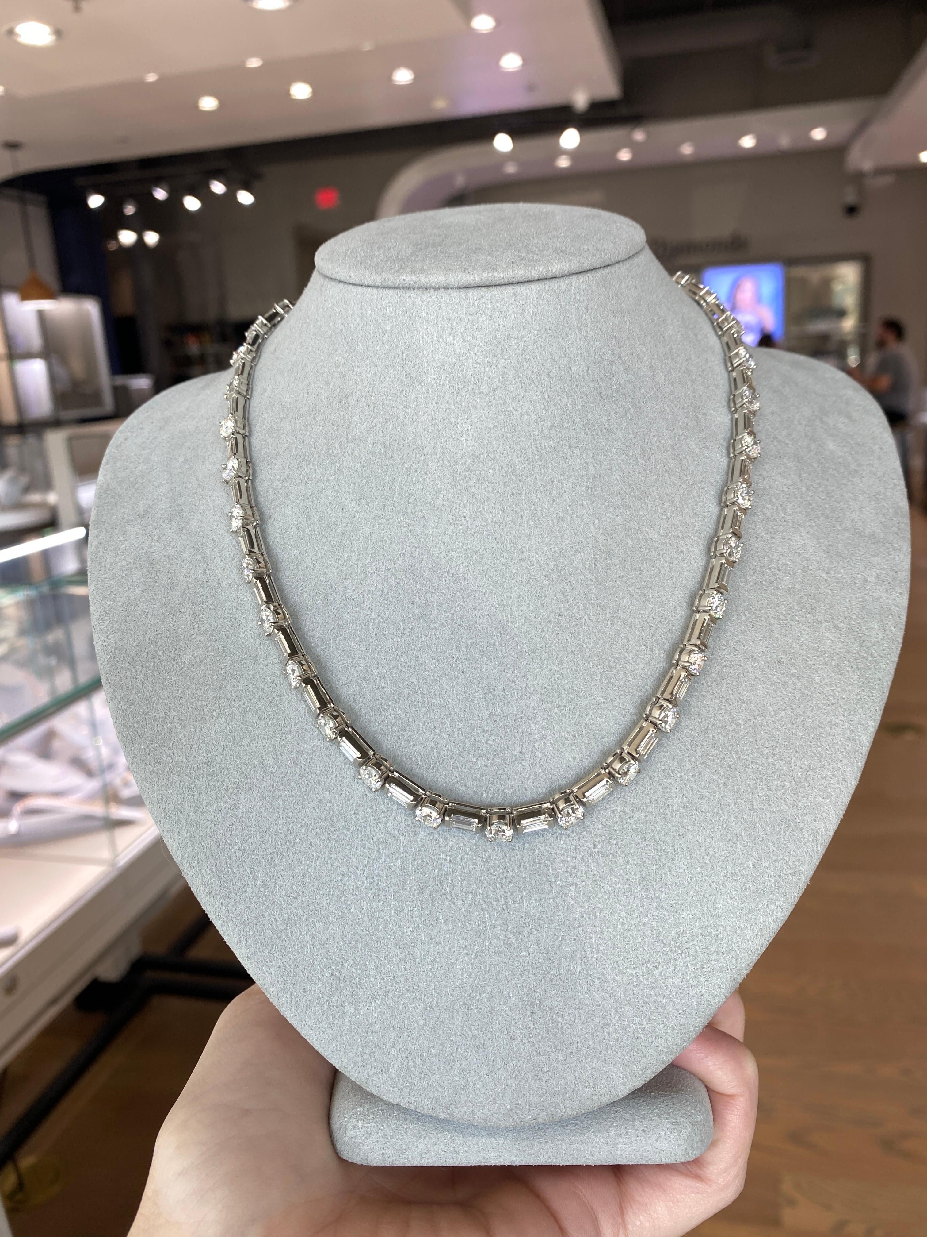 18.50 Carat Total Weight Natural Round and Baguette Diamond Tennis Necklace In Excellent Condition For Sale In Houston, TX
