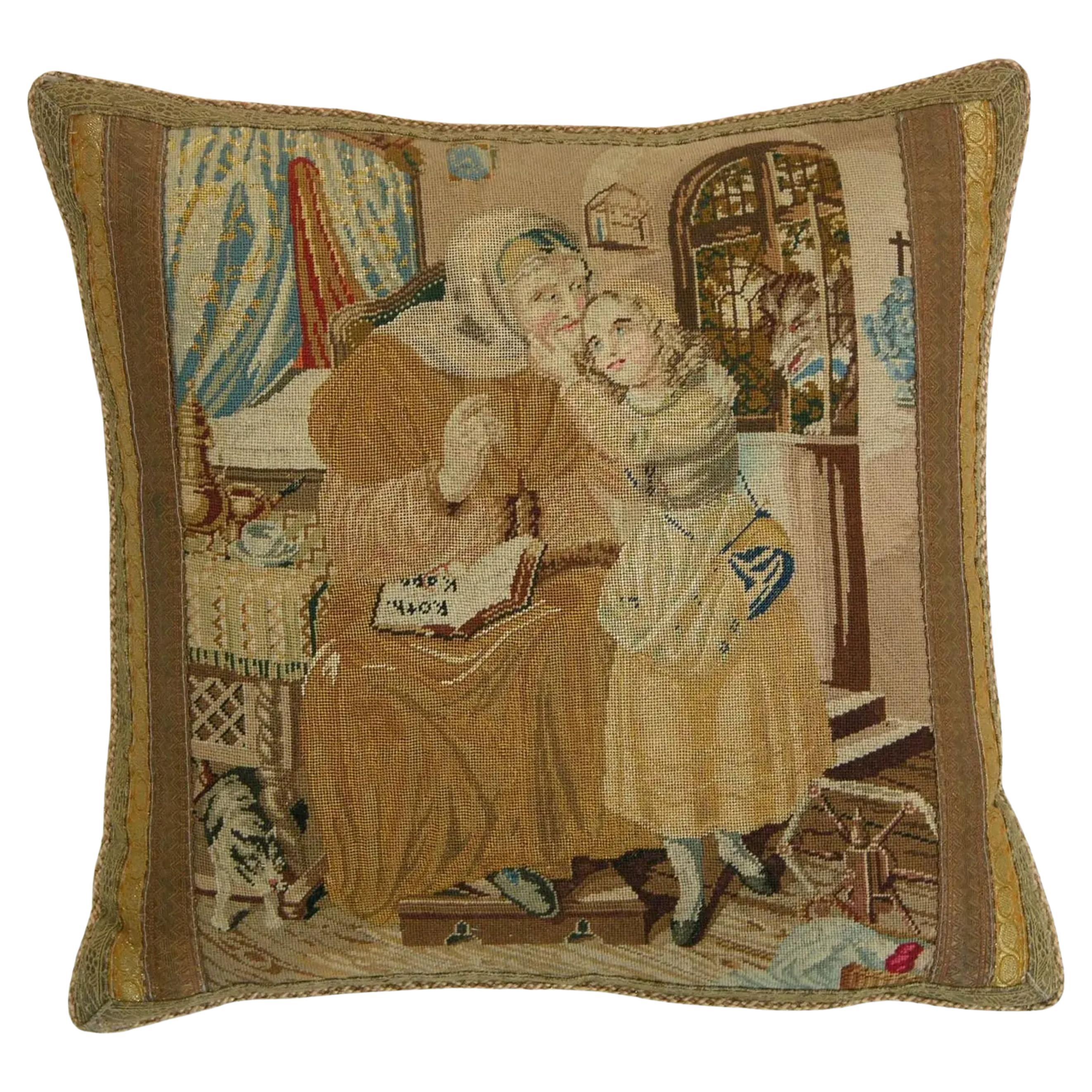 1850 English Needle Work Tapestry Pillow - 17'' X 17'' For Sale