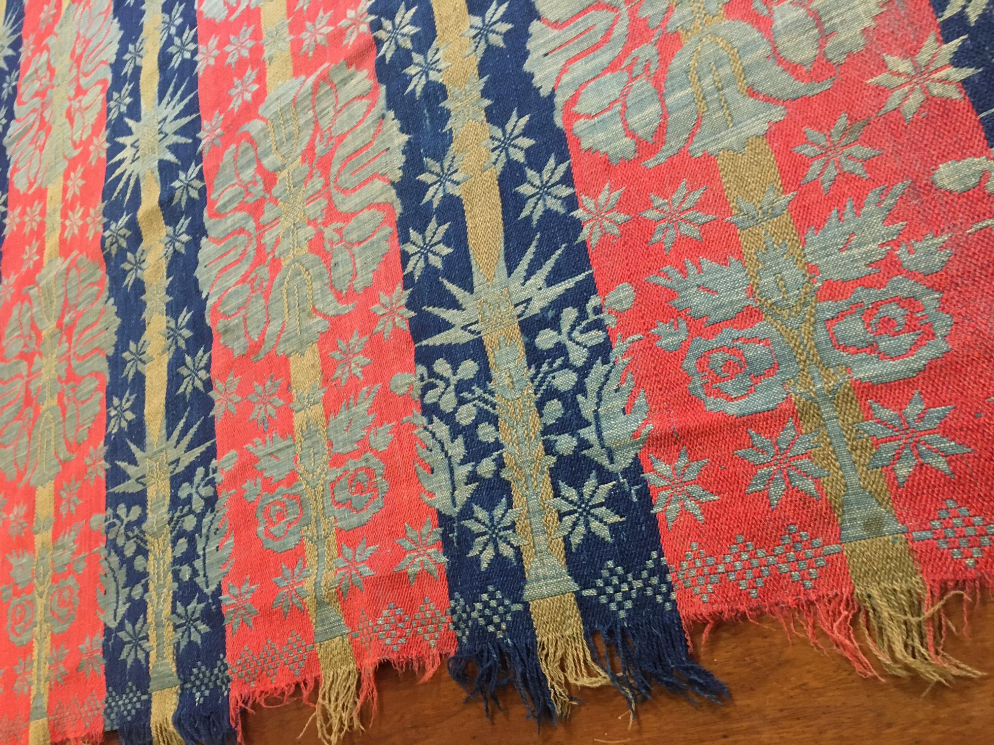 American 1850 Floral Medallion Signed Jacquard Coverlet from Pennsylvania Large Size For Sale