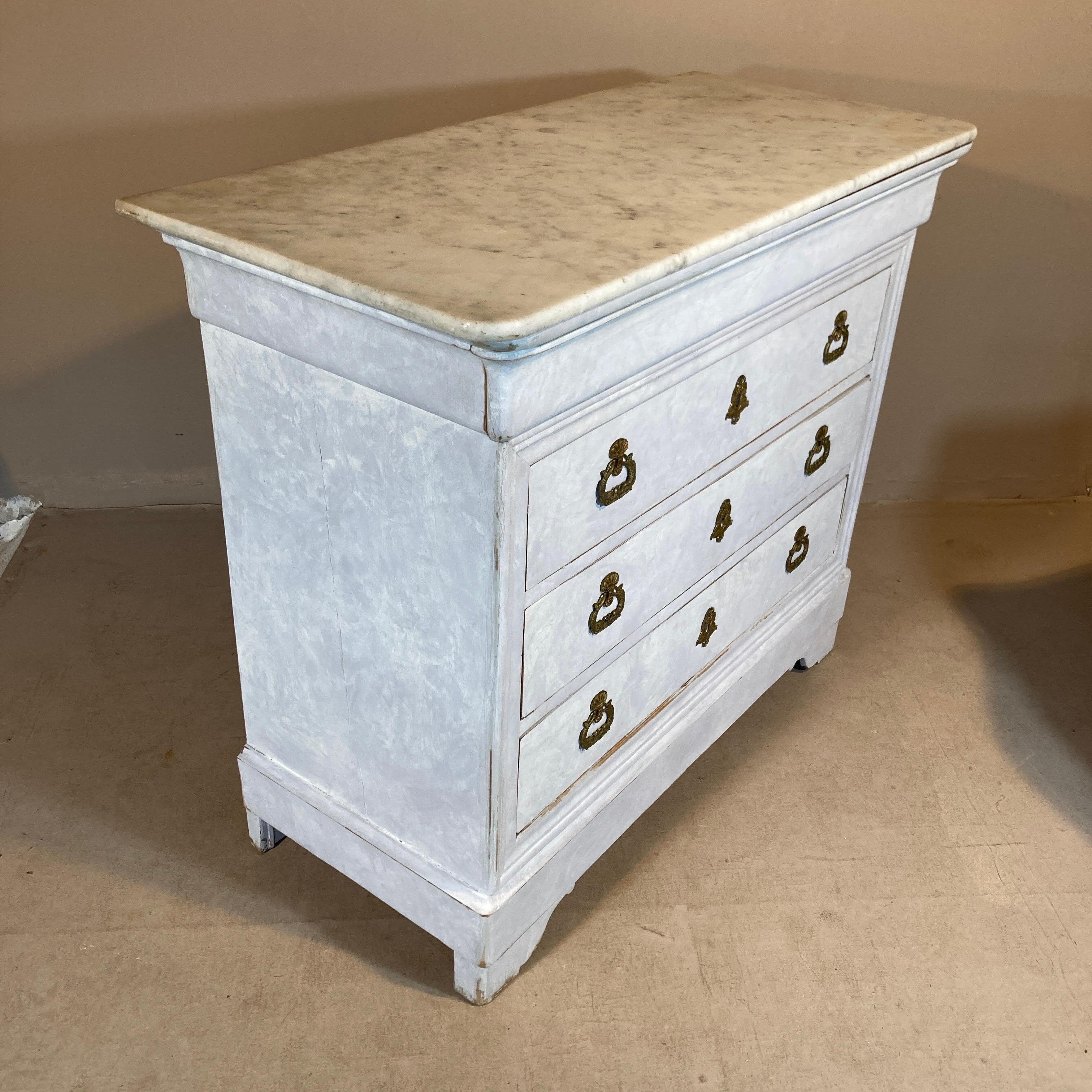 French circa 1850 Italian Commode in the Louis Philippe Manner, Reimagined With a Custom Painted Surface. A period Italian commode in the Louis Philippe manner, from about 1850, with its original marble top. The walnut veneers that originally