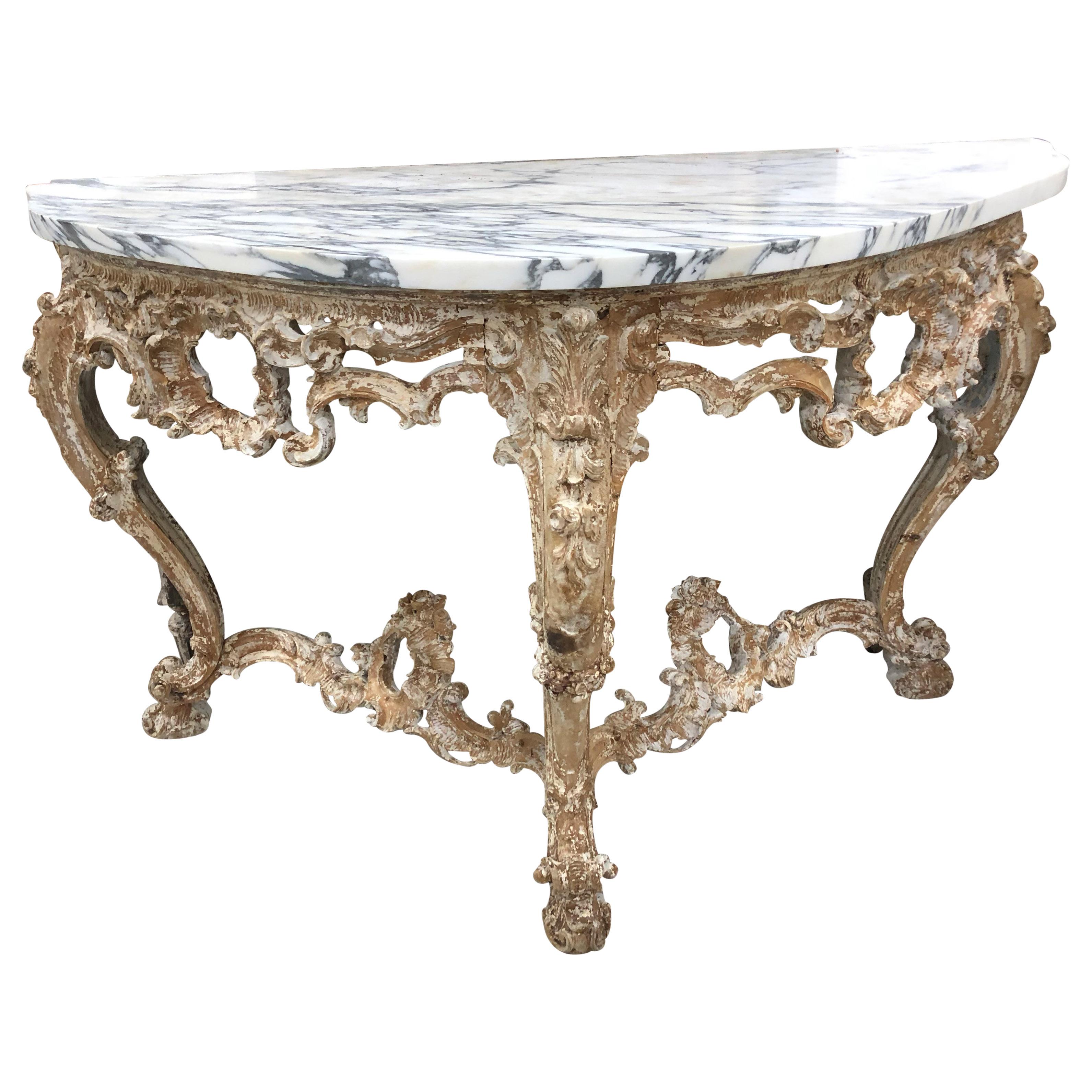 1850 Italian Marble-Top Console with Distressed Paint For Sale