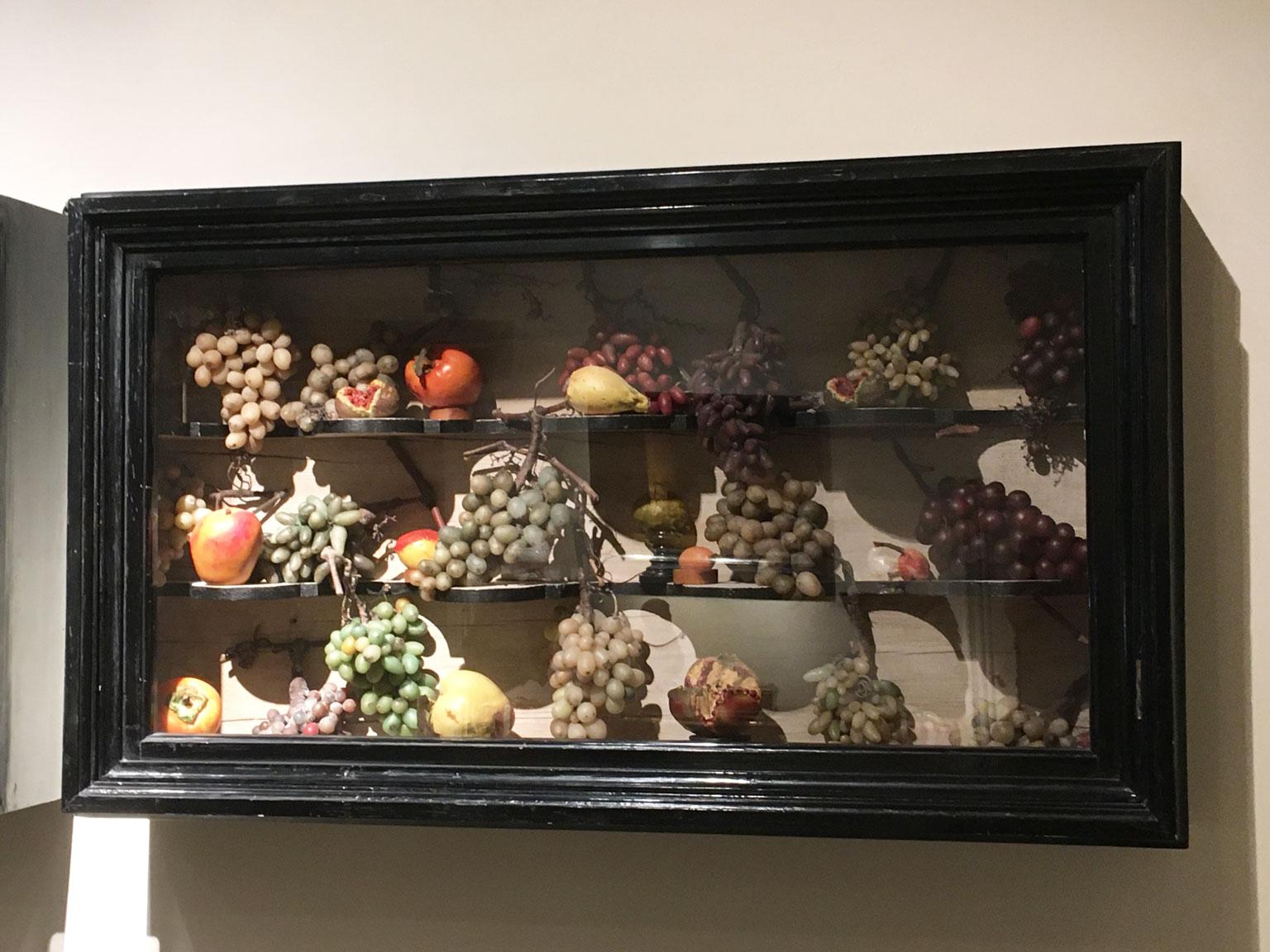 Wood 1850 Italy Pair Wunderkammer Vitrines with Natural Faux Fruits in Baroque Style For Sale