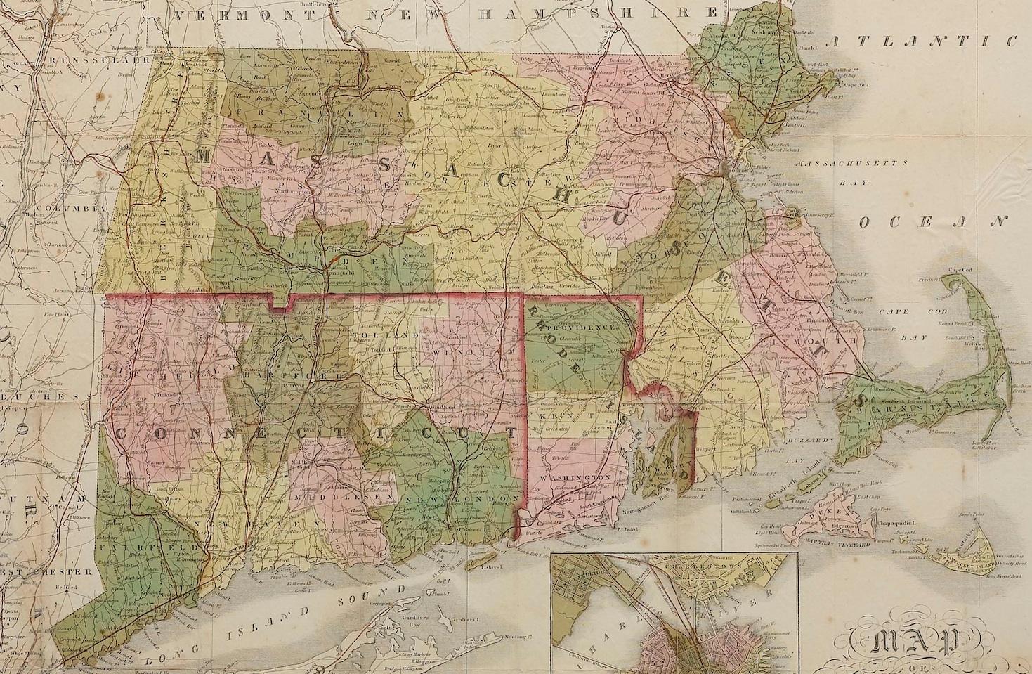 This attractive pocket map depicts the New England states of Massachusetts, Connecticut, and Rhode Island. A beautiful steel engraving, the map is incredibly detailed and hand-colored by County. 

The map locates roads as well as canals and