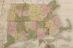 1850 Map of Massachusetts, Connecticut, and Rhode Island, Antique, Hand-Colored