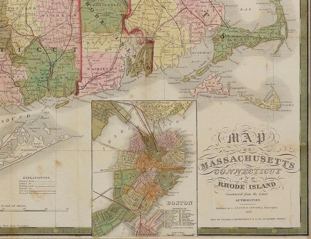 American 1850 Map of Massachusetts, Connecticut, and Rhode Island, Antique, Hand-Colored