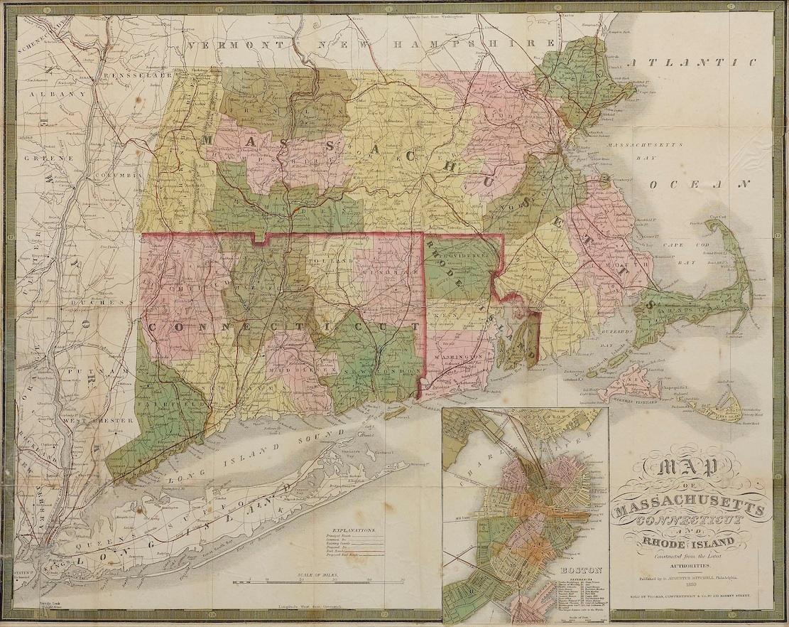 1850 Map of Massachusetts, Connecticut, and Rhode Island, Antique, Hand-Colored In Good Condition In Colorado Springs, CO