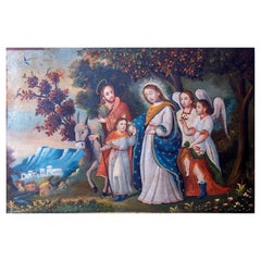 Pintura religiosa al óleo sobre cobre de estilo colonial mexicano de 1850