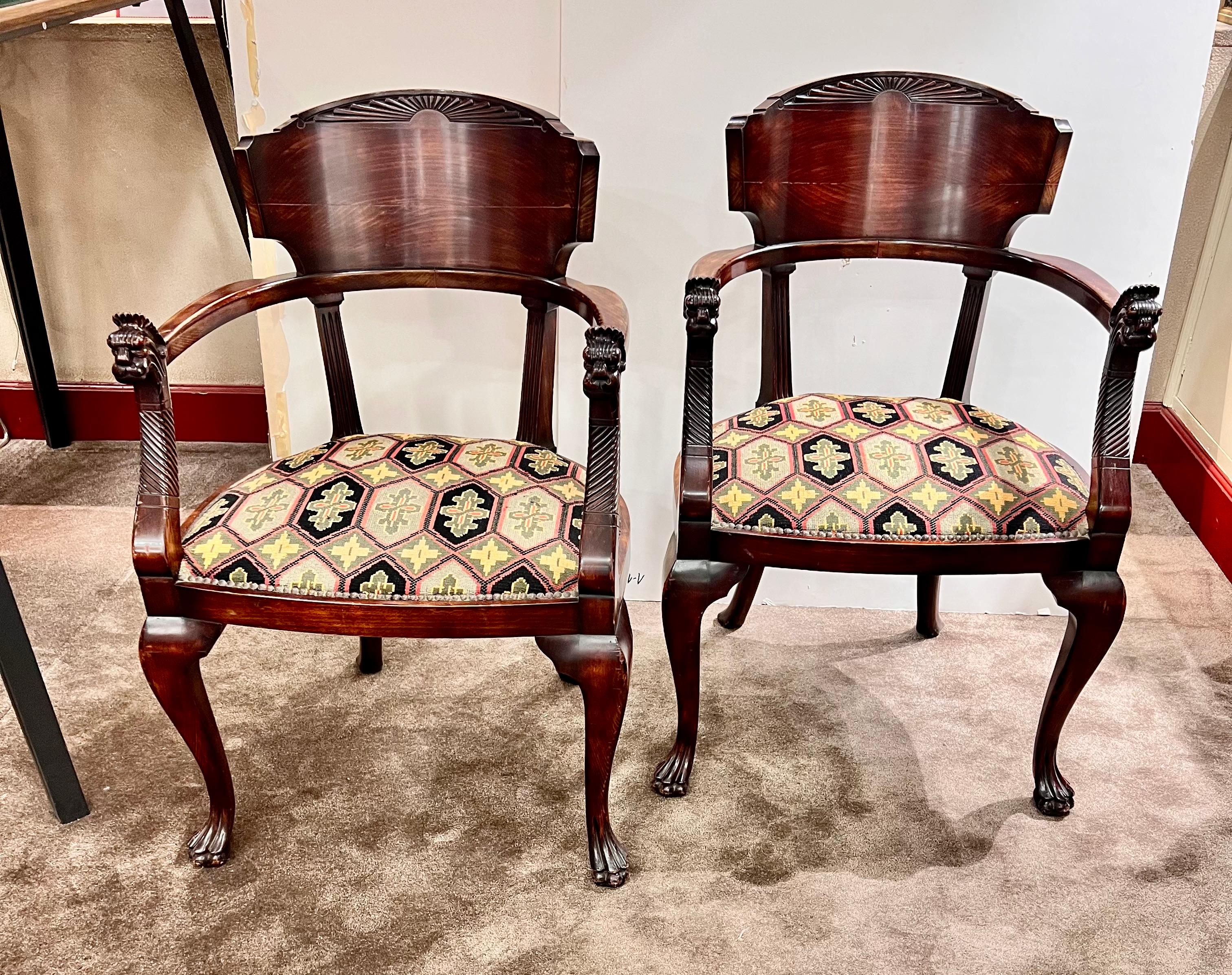 Baroque 1850s European Empire Mahogany Pair Armchairs with Griffin God Face and Feet For Sale