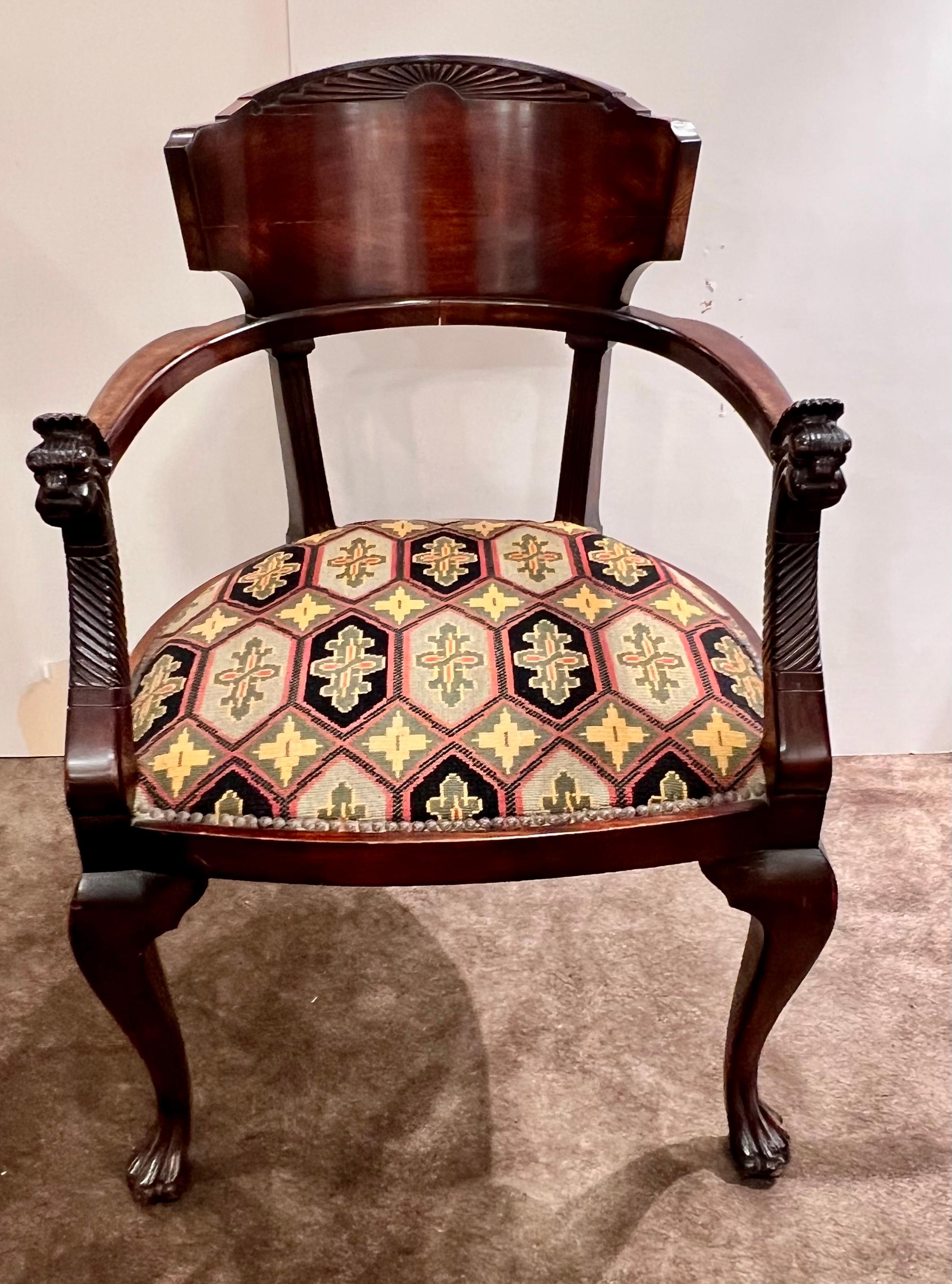 Portuguese 1850s European Empire Mahogany Pair Armchairs with Griffin God Face and Feet For Sale