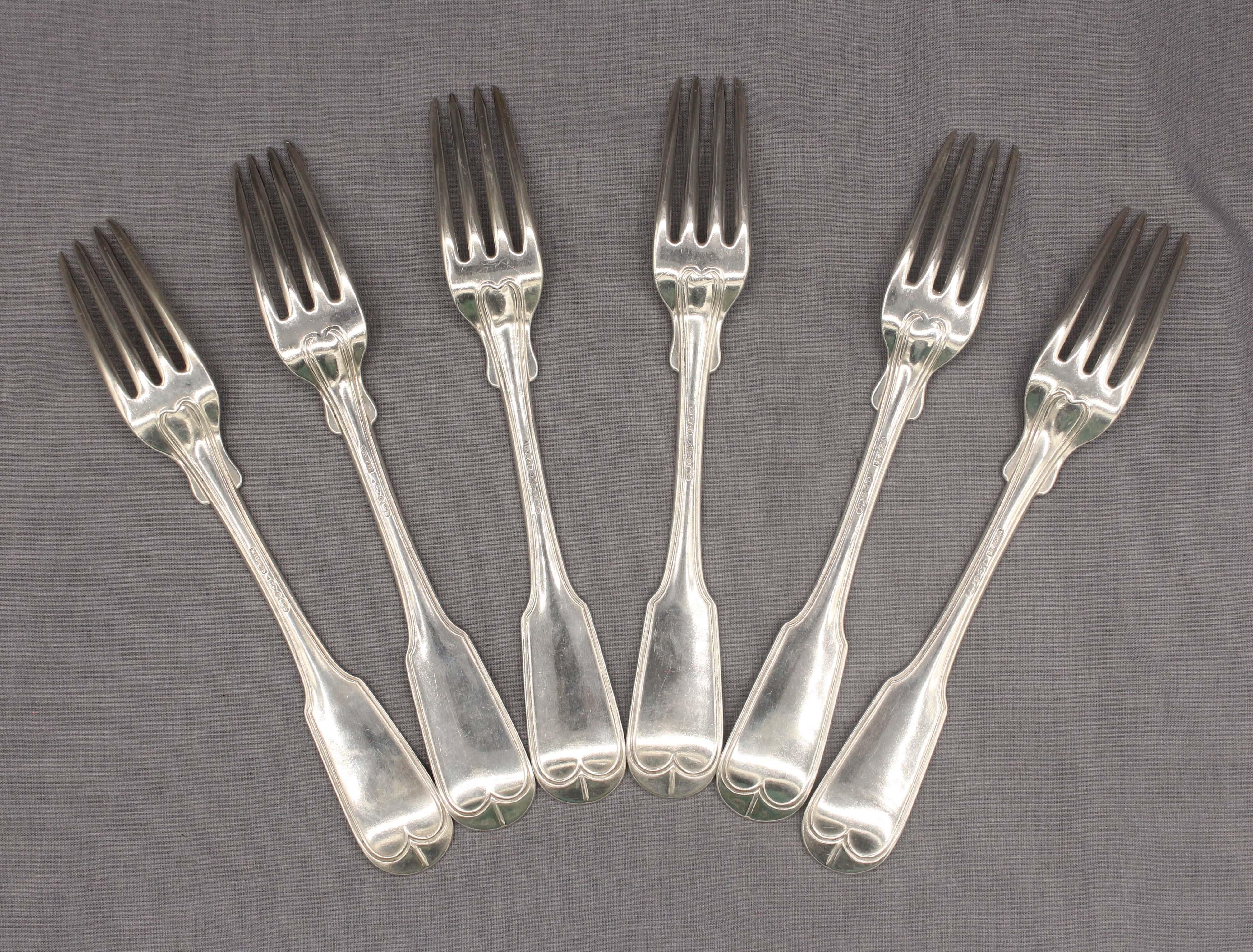 Dated 1850 set of 6 coin silver dinner forks, fiddle thread pattern, by William Gale & Son, NY, NY. In business to 1870 & likely the pattern date. Monogram: MAD. 10.80 troy oz.
7 1/2