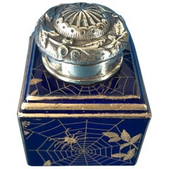 1850 Victorian Porcelain, Brass and Gilt Spiders Web Inkwell