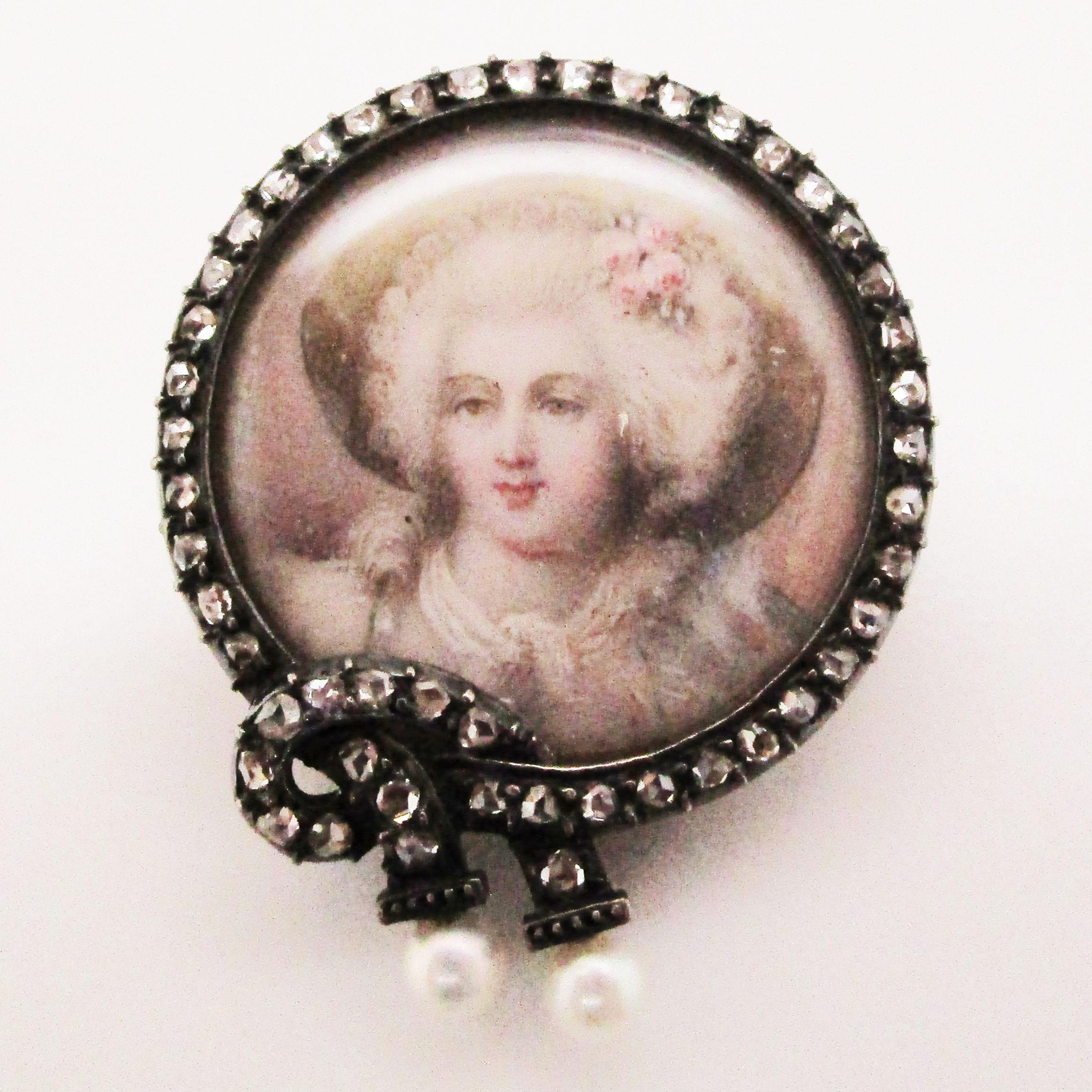 1850 Victorian Silver Over 14K Yellow Gold Diamond & Pearl Portrait Pin 5